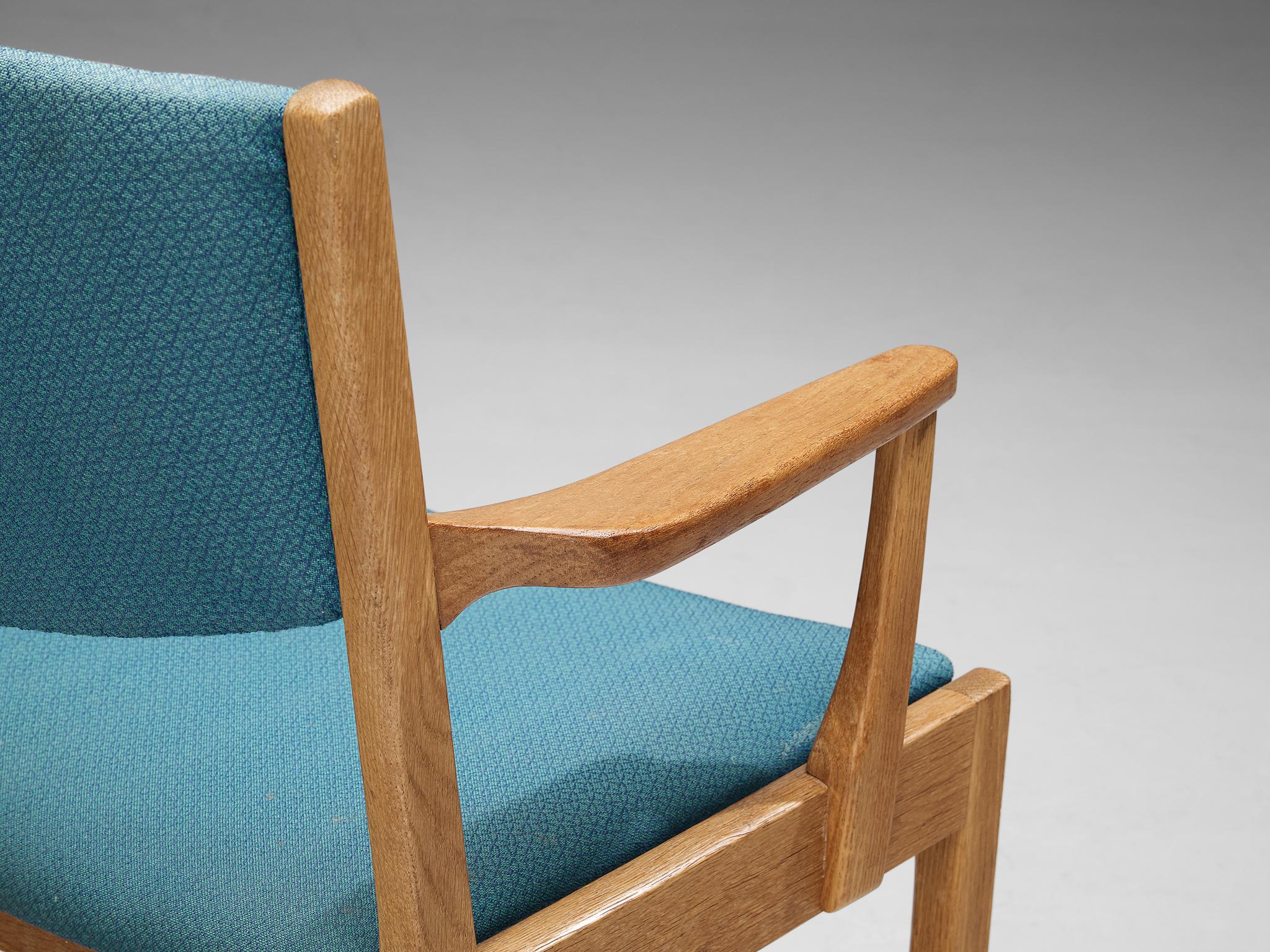 Mid-20th Century Set of Six Danish Armchairs in Oak and Light Blue Upholstery For Sale