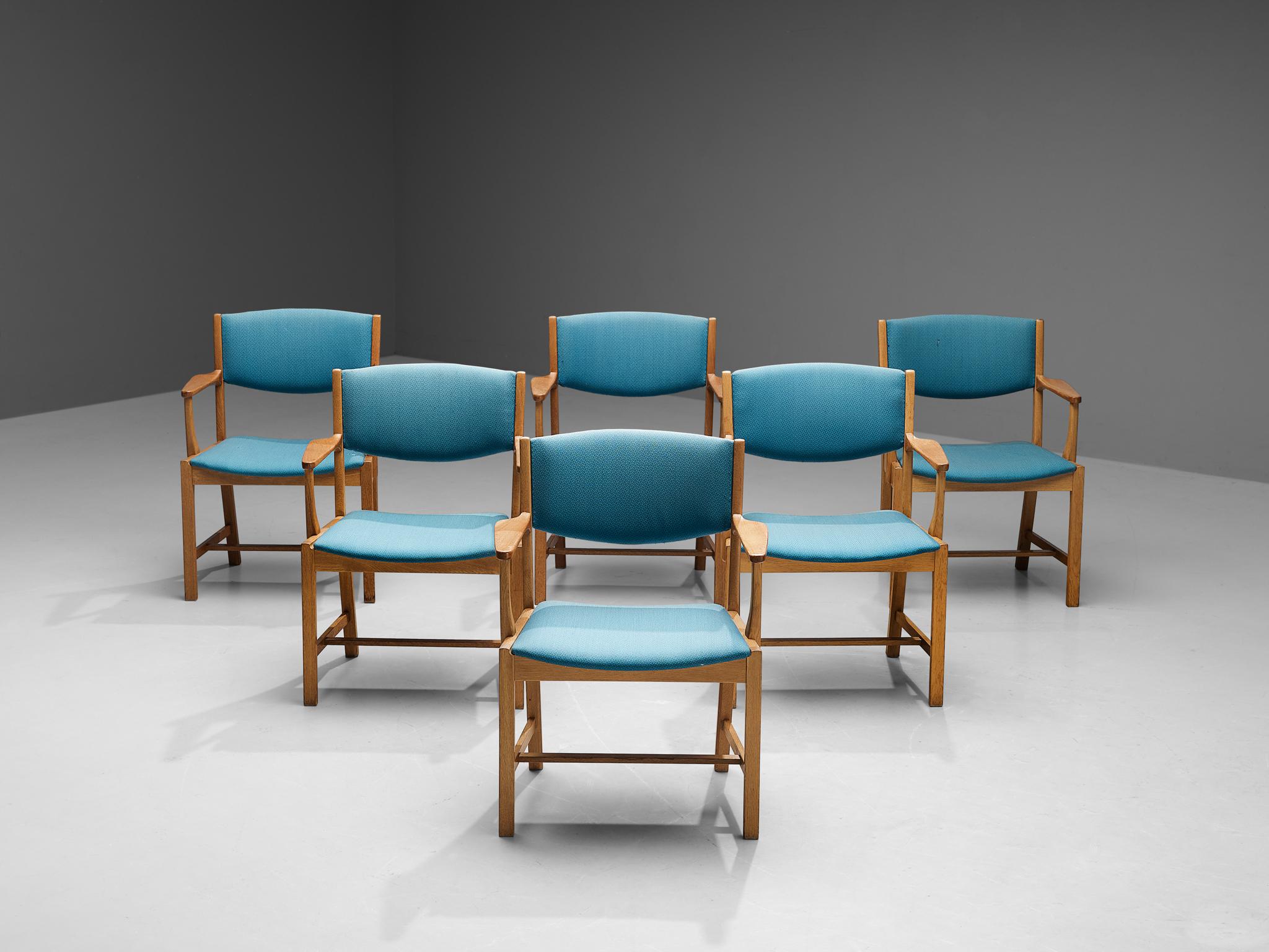 Fabric Set of Six Danish Armchairs in Oak and Light Blue Upholstery For Sale