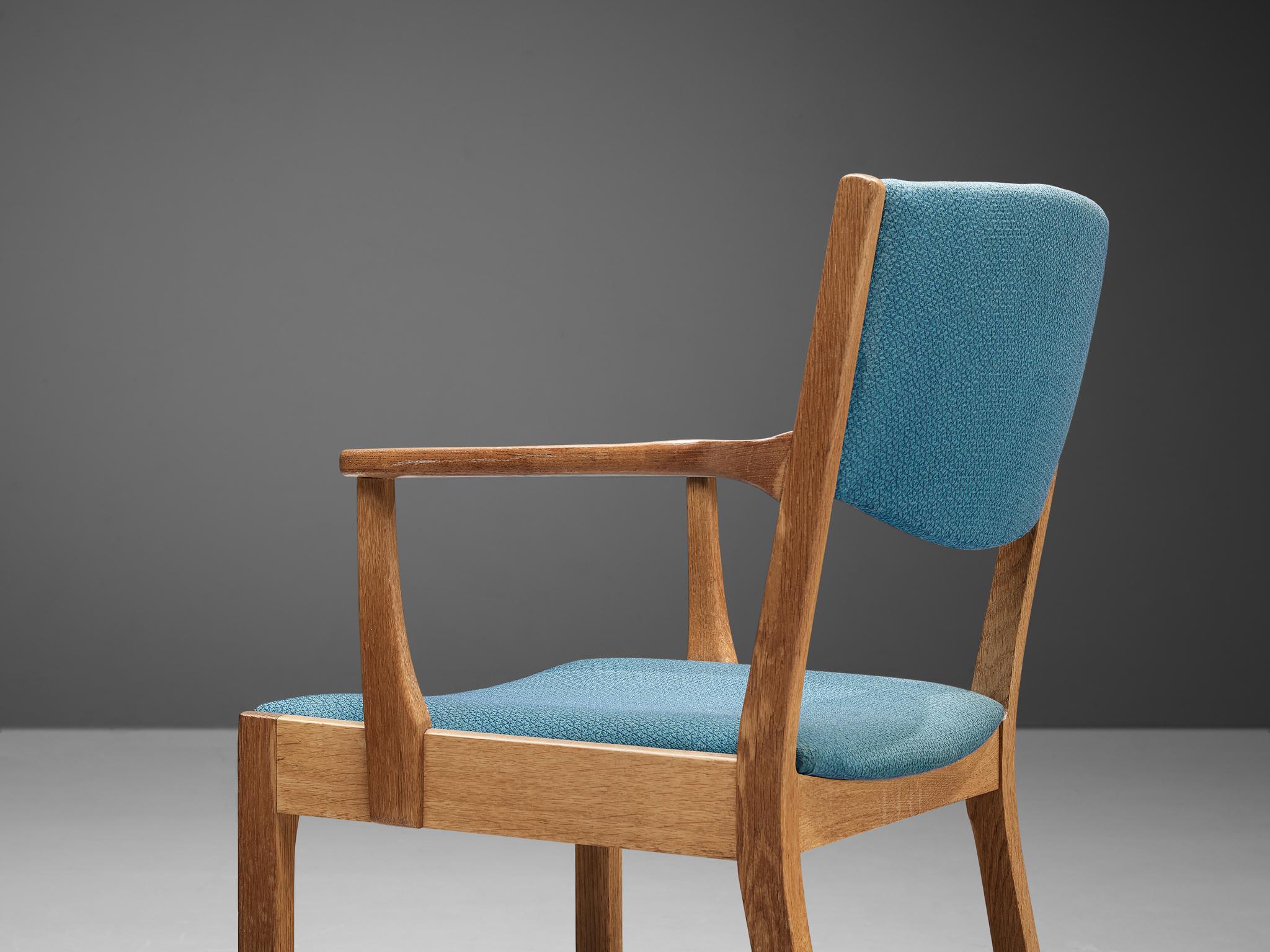 Set of Six Danish Armchairs in Oak and Light Blue Upholstery For Sale 3