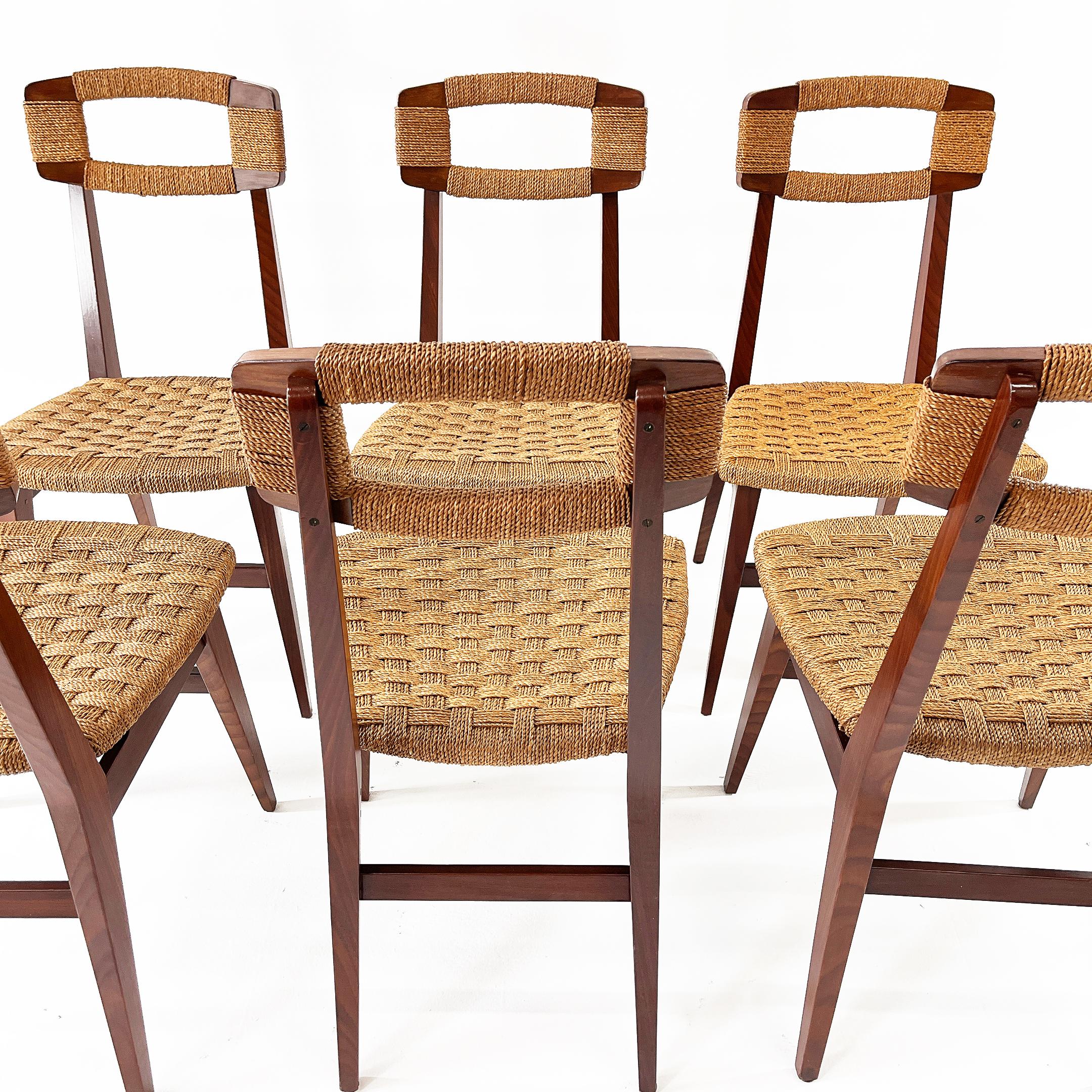 Rare beautiful six danish chairs. Wood, woven straw rope. Denmark 1950s.