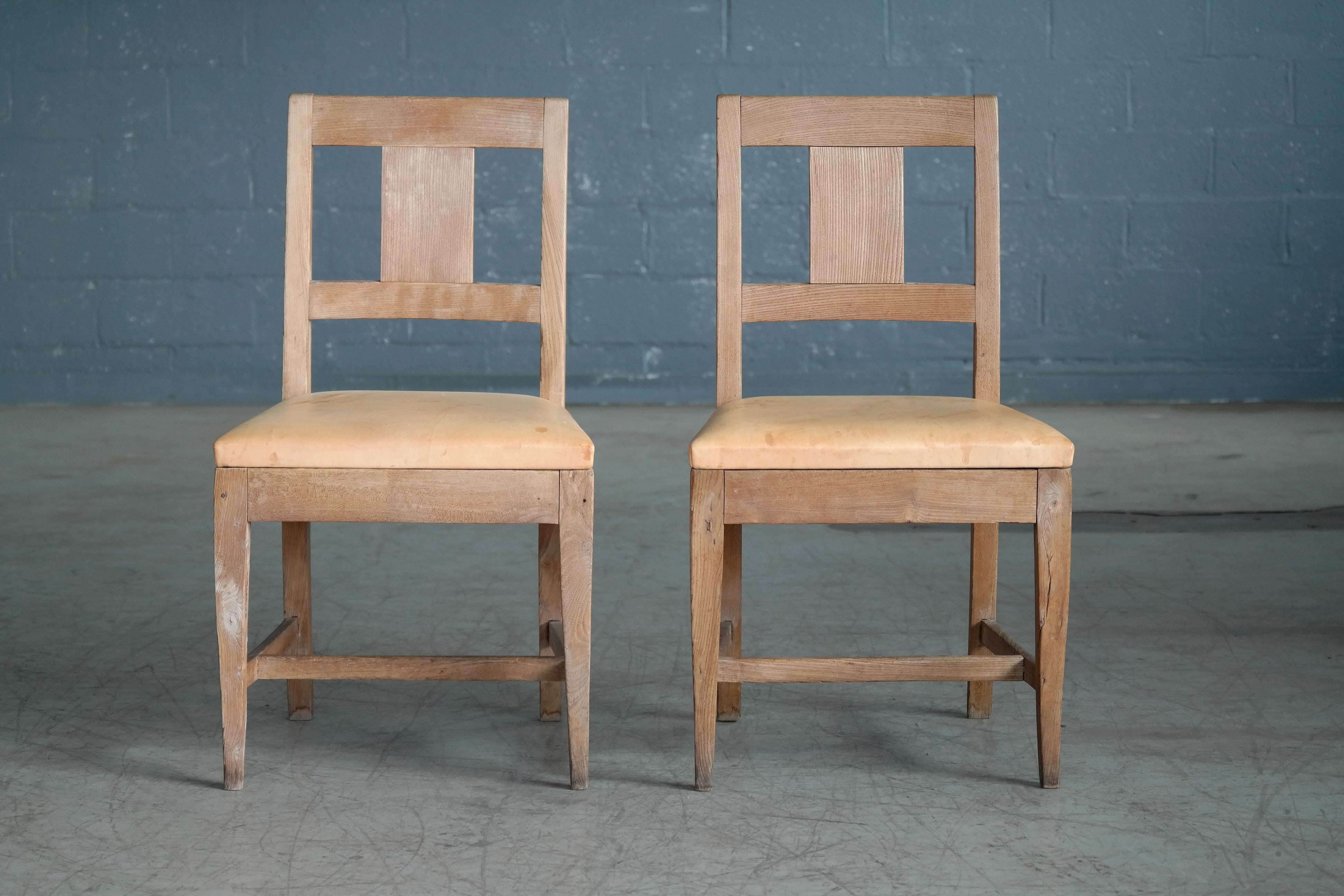 Set of Six Danish Country-Style Dining Chairs in Elm and Natural Leather 1