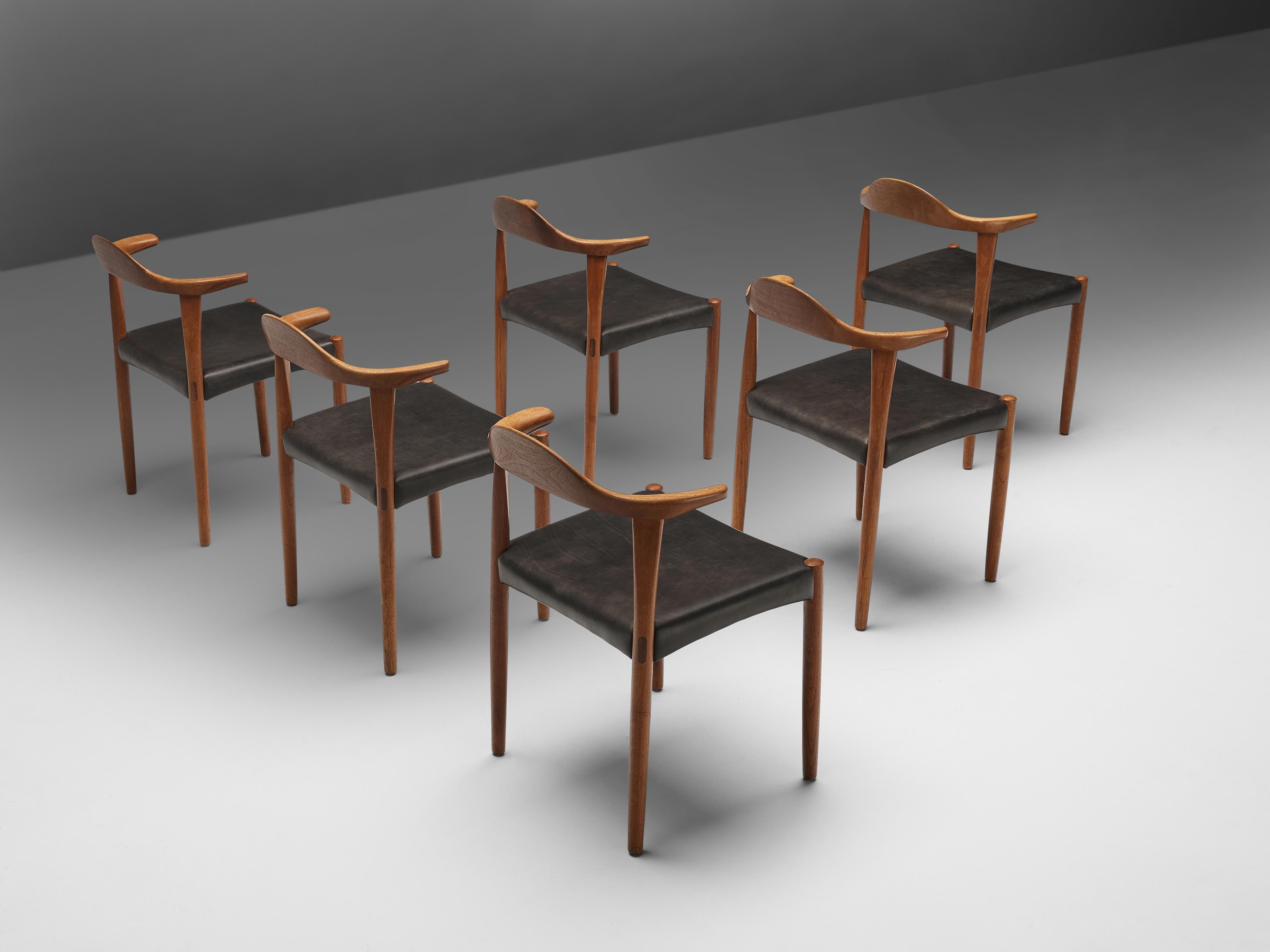 Set of Six Danish ‘Cow Horn’ Dining Chairs in Teak and Black Leather 5