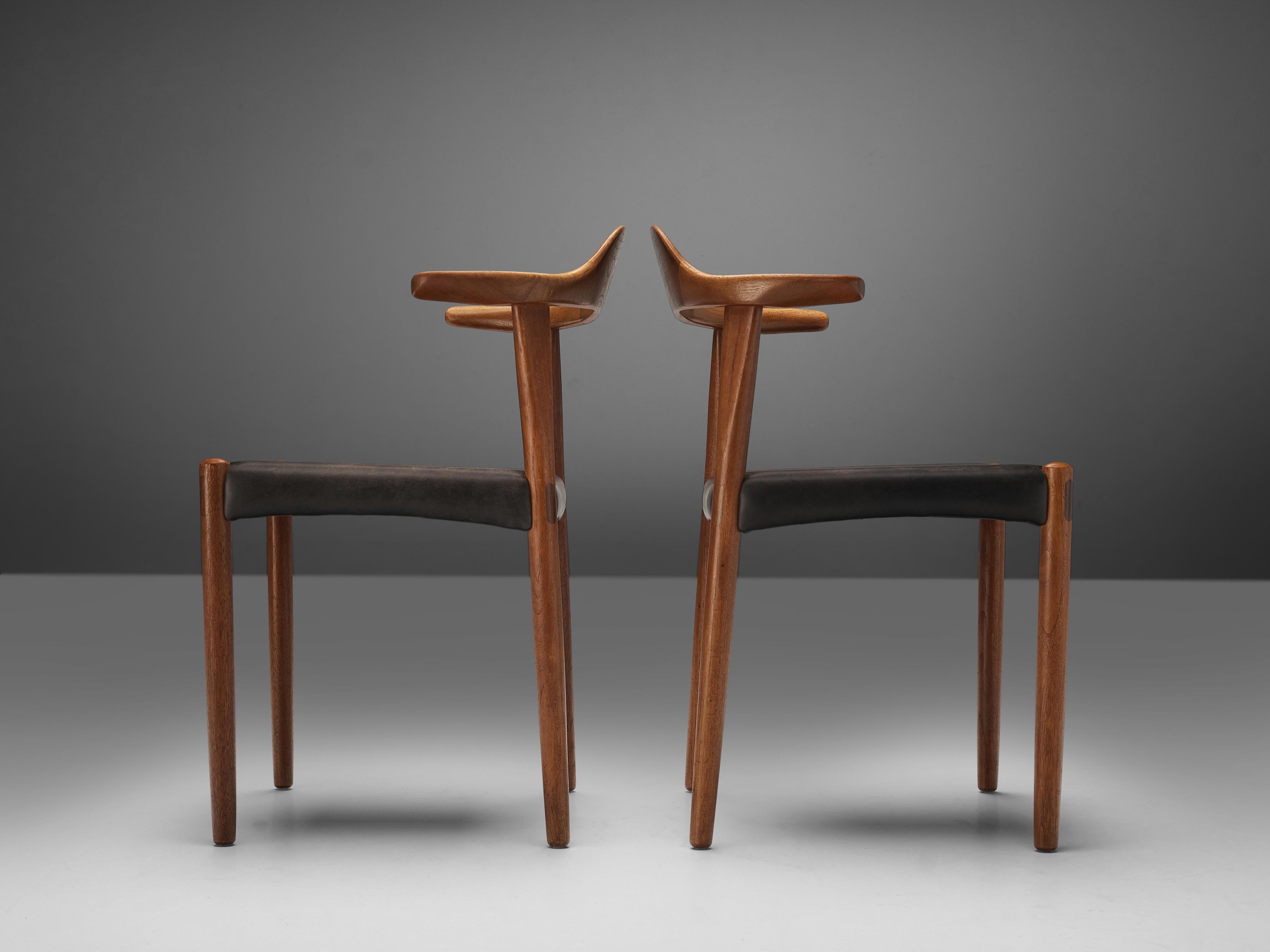 Set of Six Danish ‘Cow Horn’ Dining Chairs in Teak and Black Leather 6