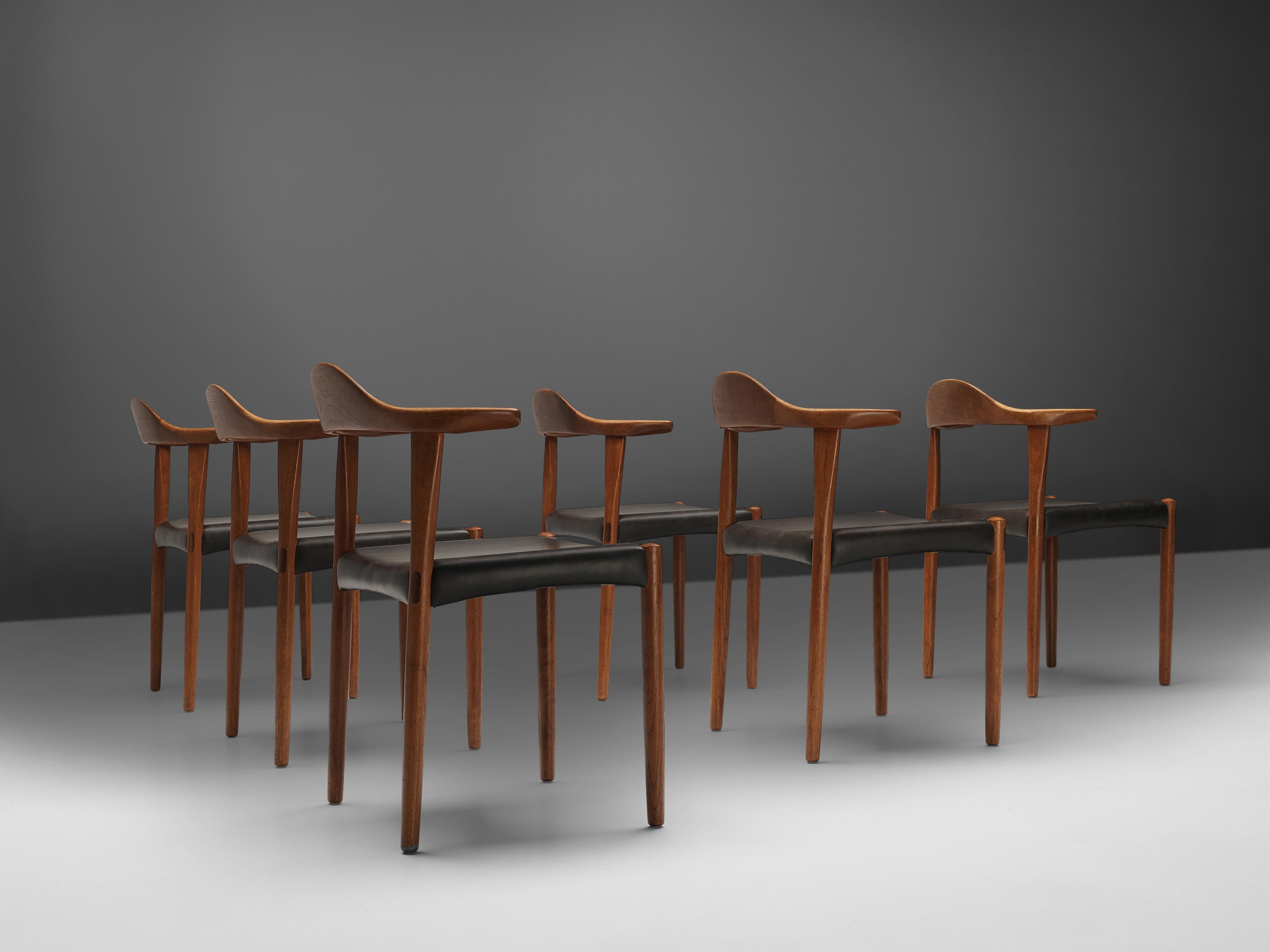 Set of Six Danish ‘Cow Horn’ Dining Chairs in Teak and Black Leather 7
