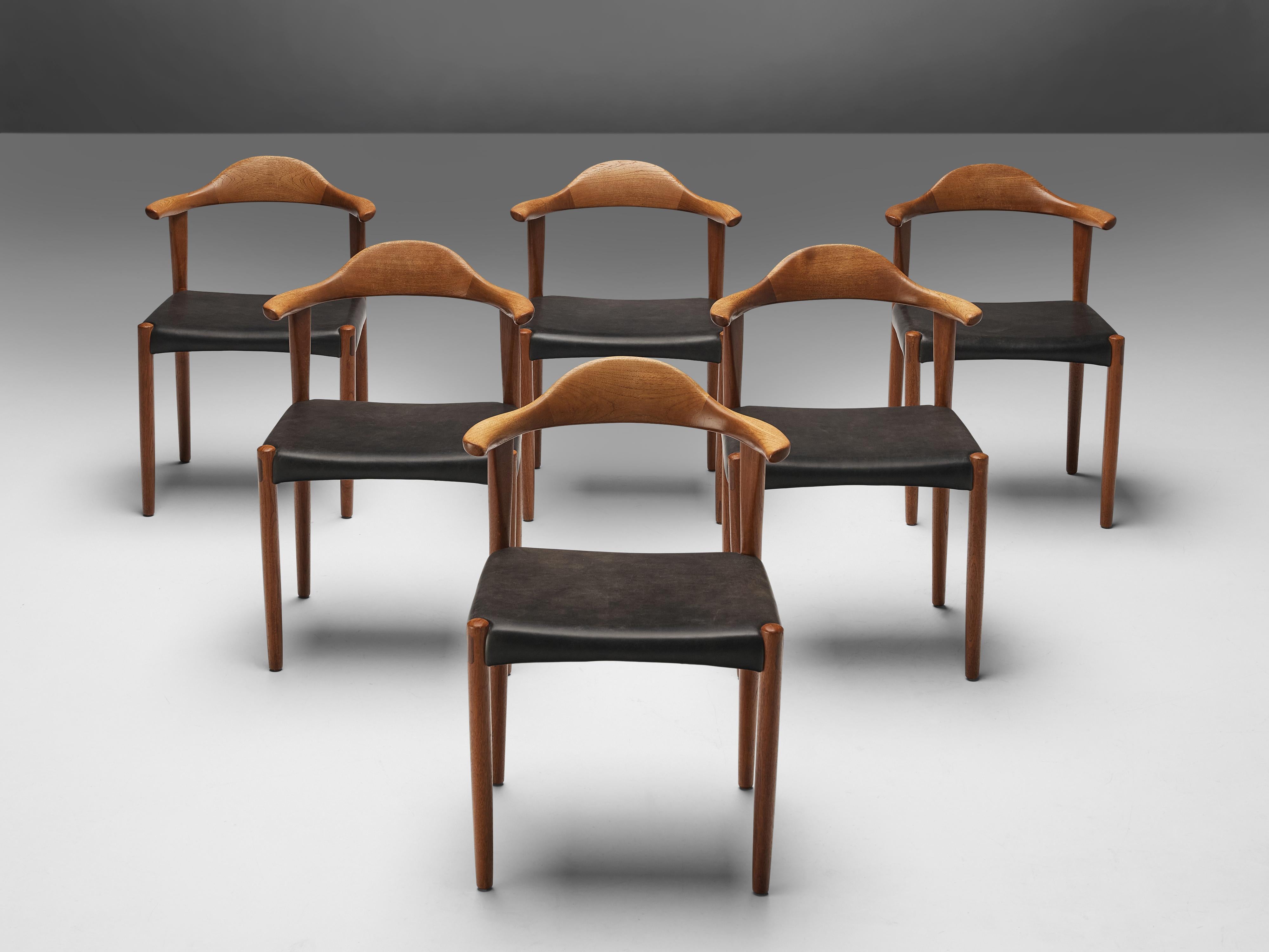 Set of Six Danish ‘Cow Horn’ Dining Chairs in Teak and Black Leather In Good Condition In Waalwijk, NL