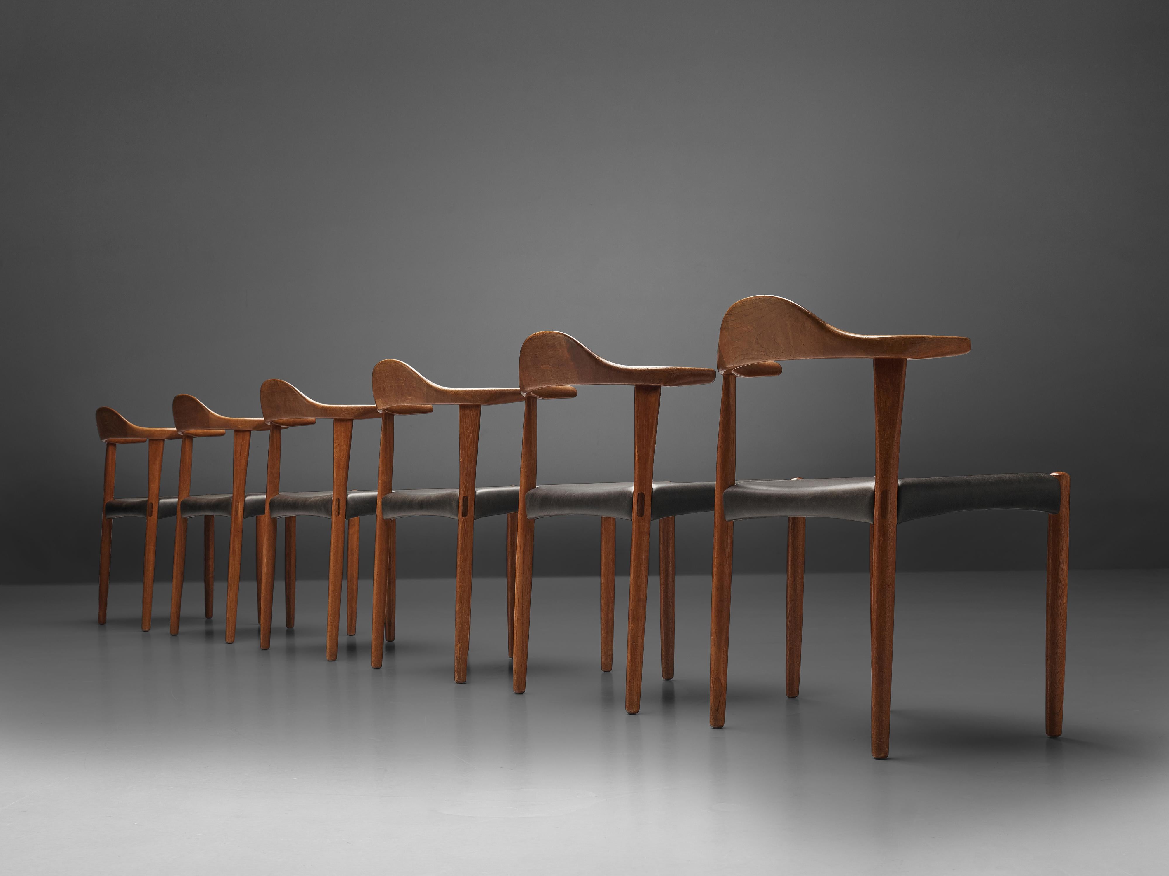 Set of Six Danish ‘Cow Horn’ Dining Chairs in Teak and Black Leather 1