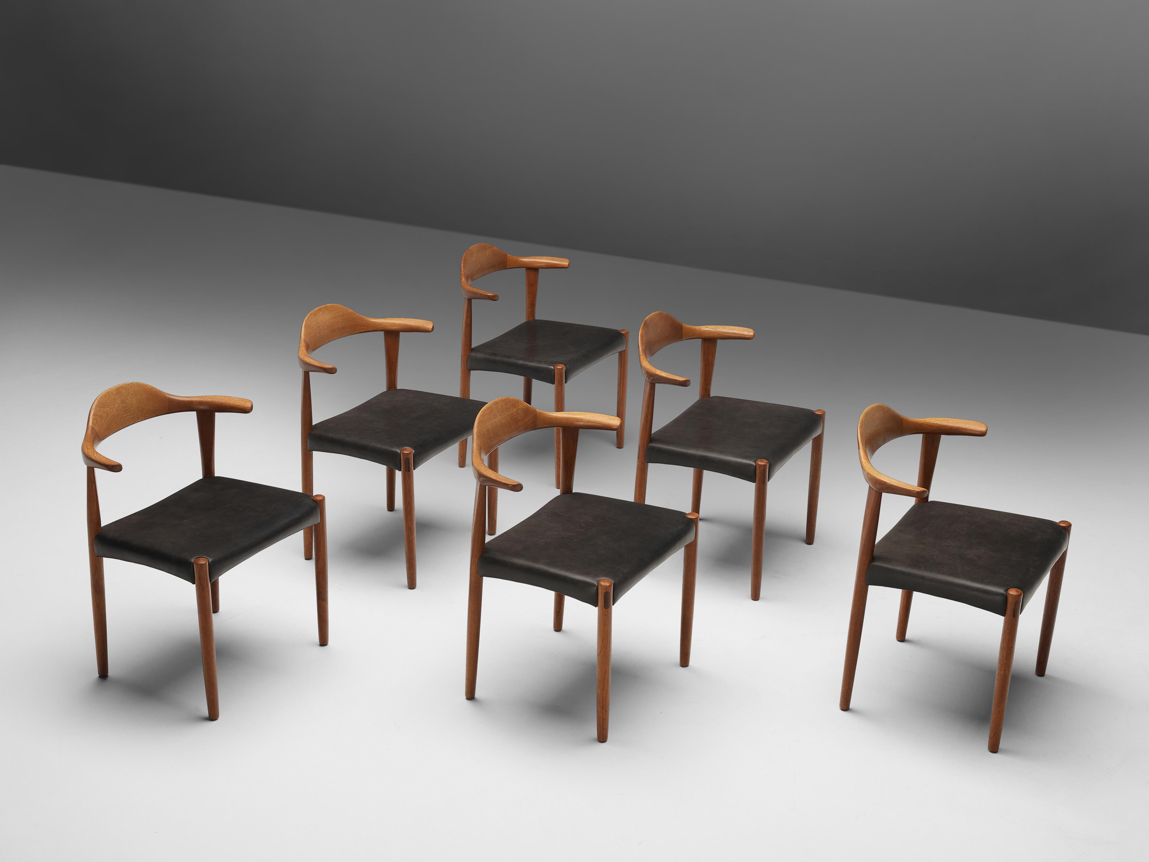 Set of Six Danish ‘Cow Horn’ Dining Chairs in Teak and Black Leather 3