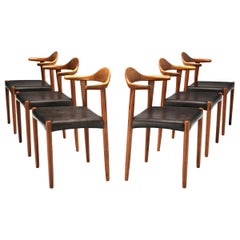 Vintage Set of Six Danish ‘Cow Horn’ Dining Chairs in Teak and Black Leather