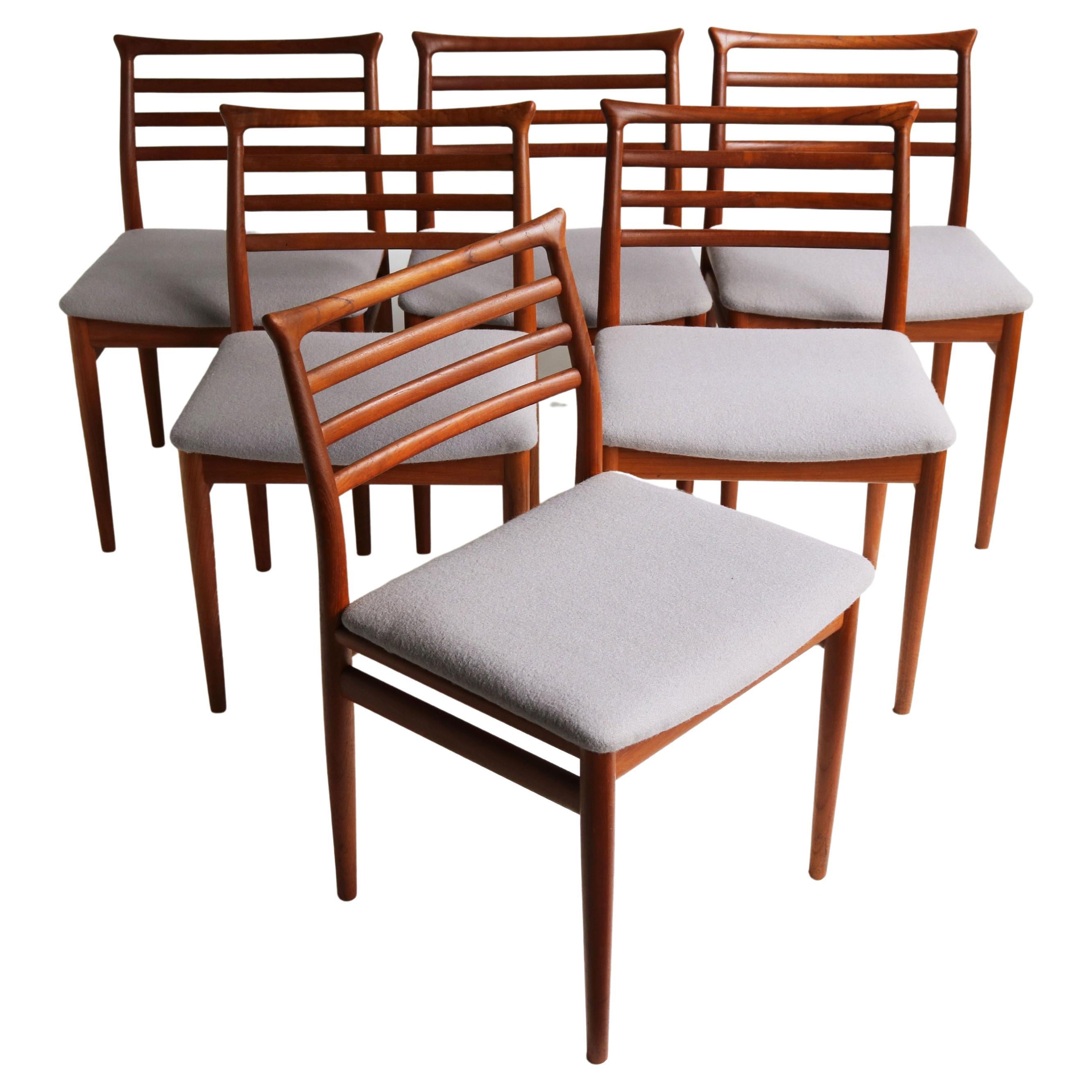 Juego de seis sillas de comedor de diseño danés de Erling Torvits 1960 Teca Mediados de siglo