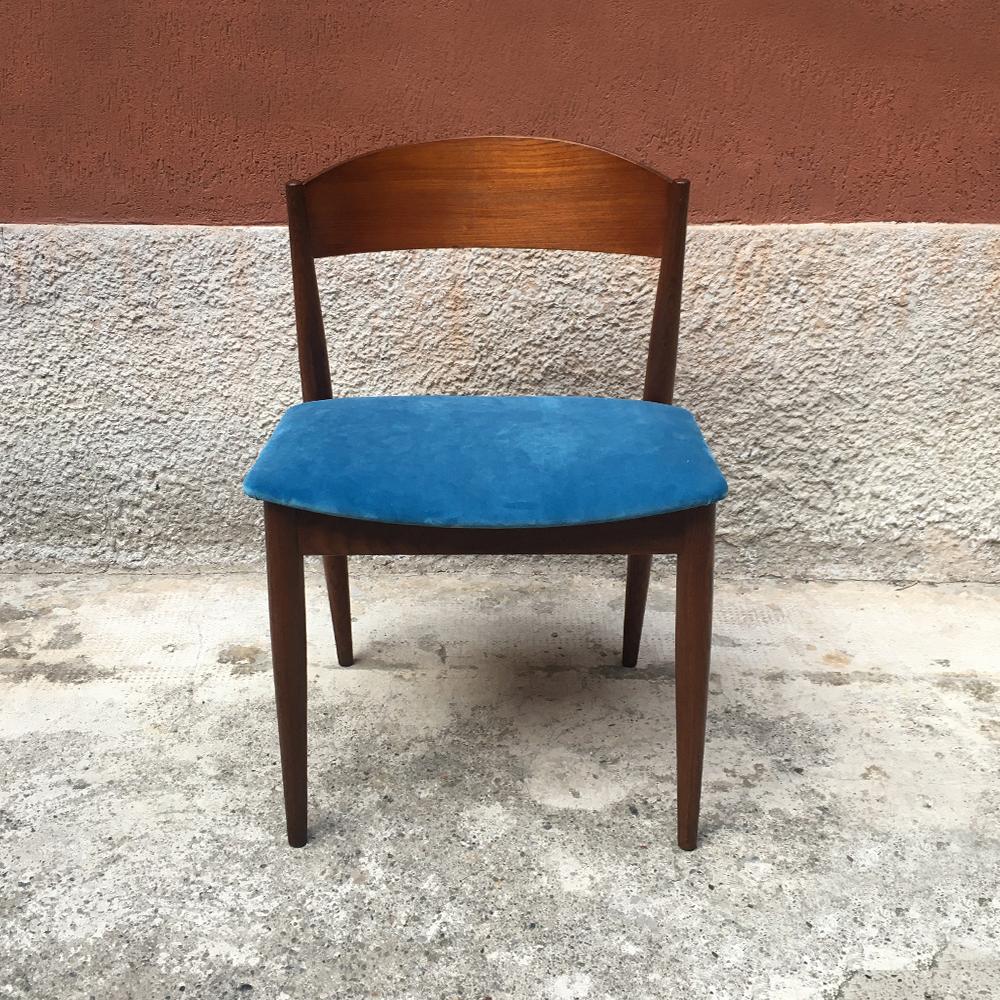 Set of Six Danish Dining Chairs in Azure Velvet, 1960s In Excellent Condition In MIlano, IT