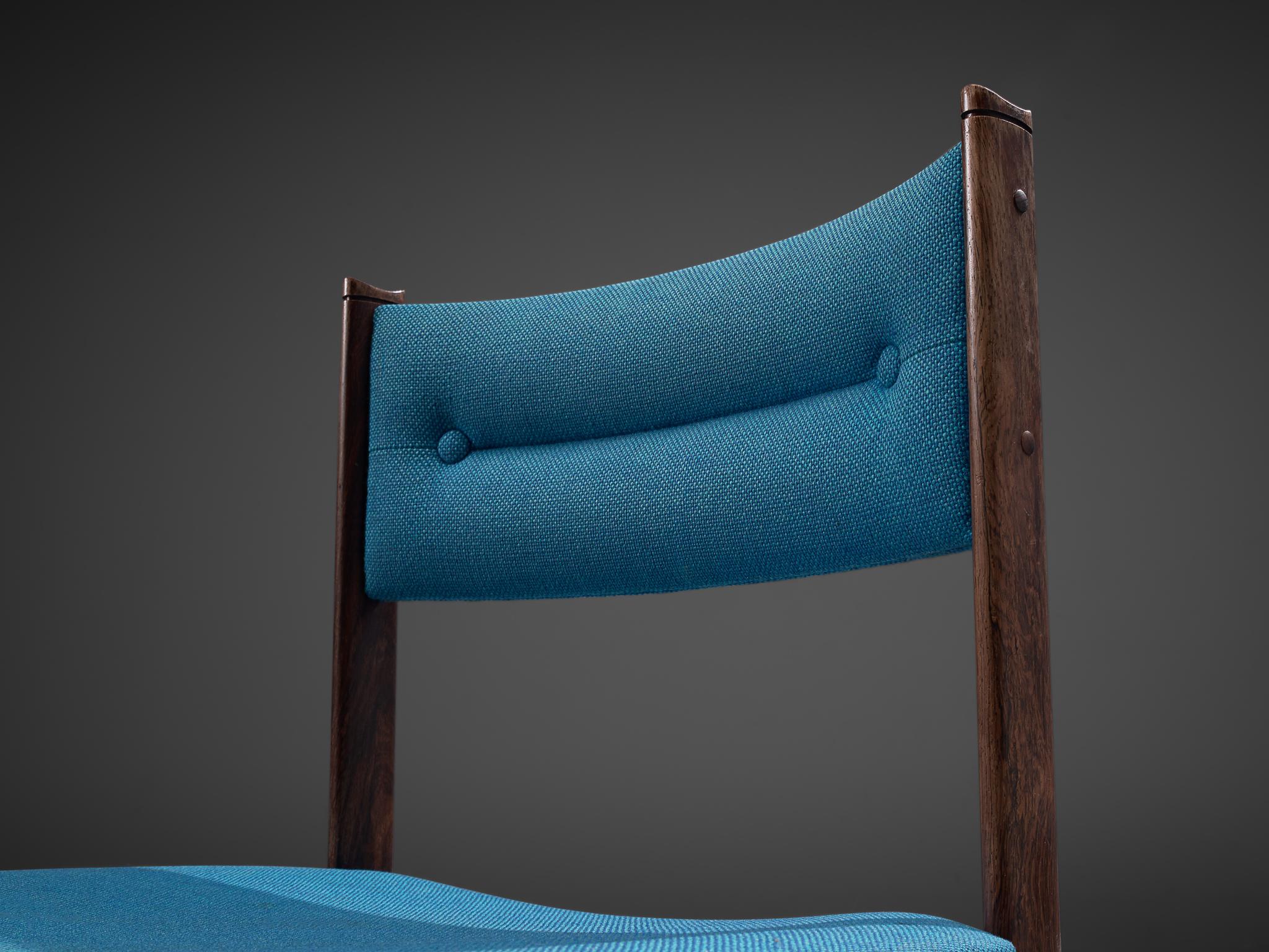 Set of Six Danish Dining Chairs in Rosewood and Blue Upholstery In Good Condition In Waalwijk, NL