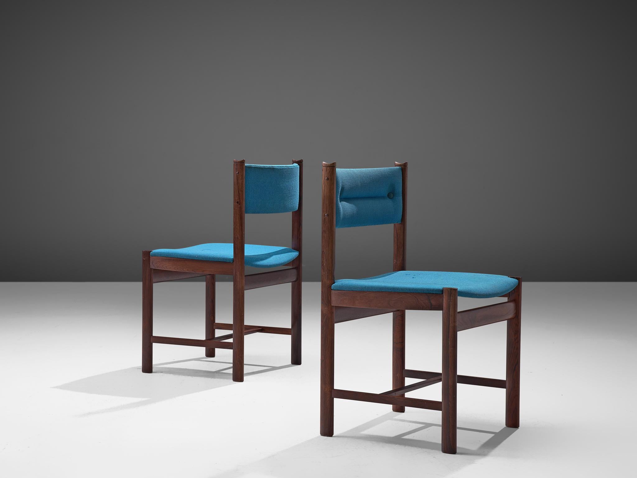 Mid-20th Century Set of Six Danish Dining Chairs in Rosewood and Blue Upholstery