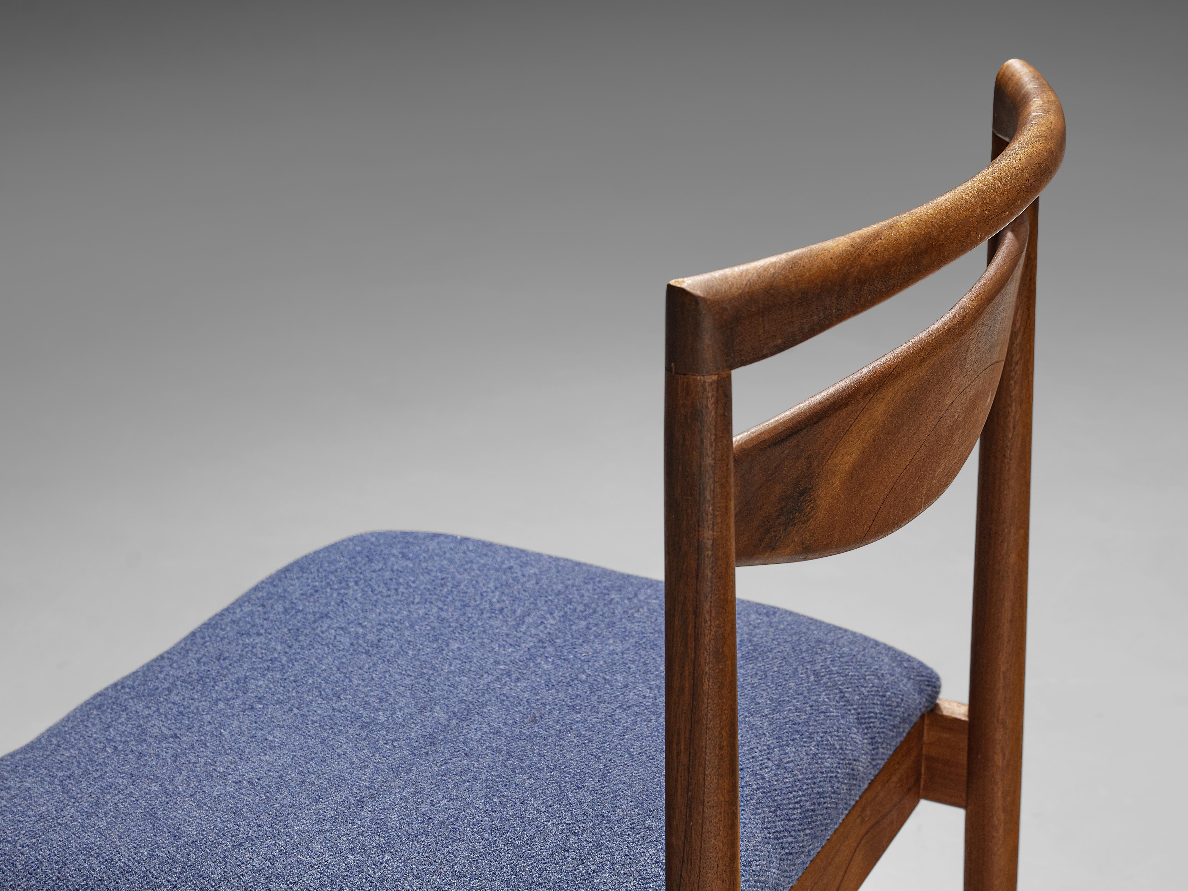 Set of Six Dining Chairs in Teak and Blue Upholstery  2
