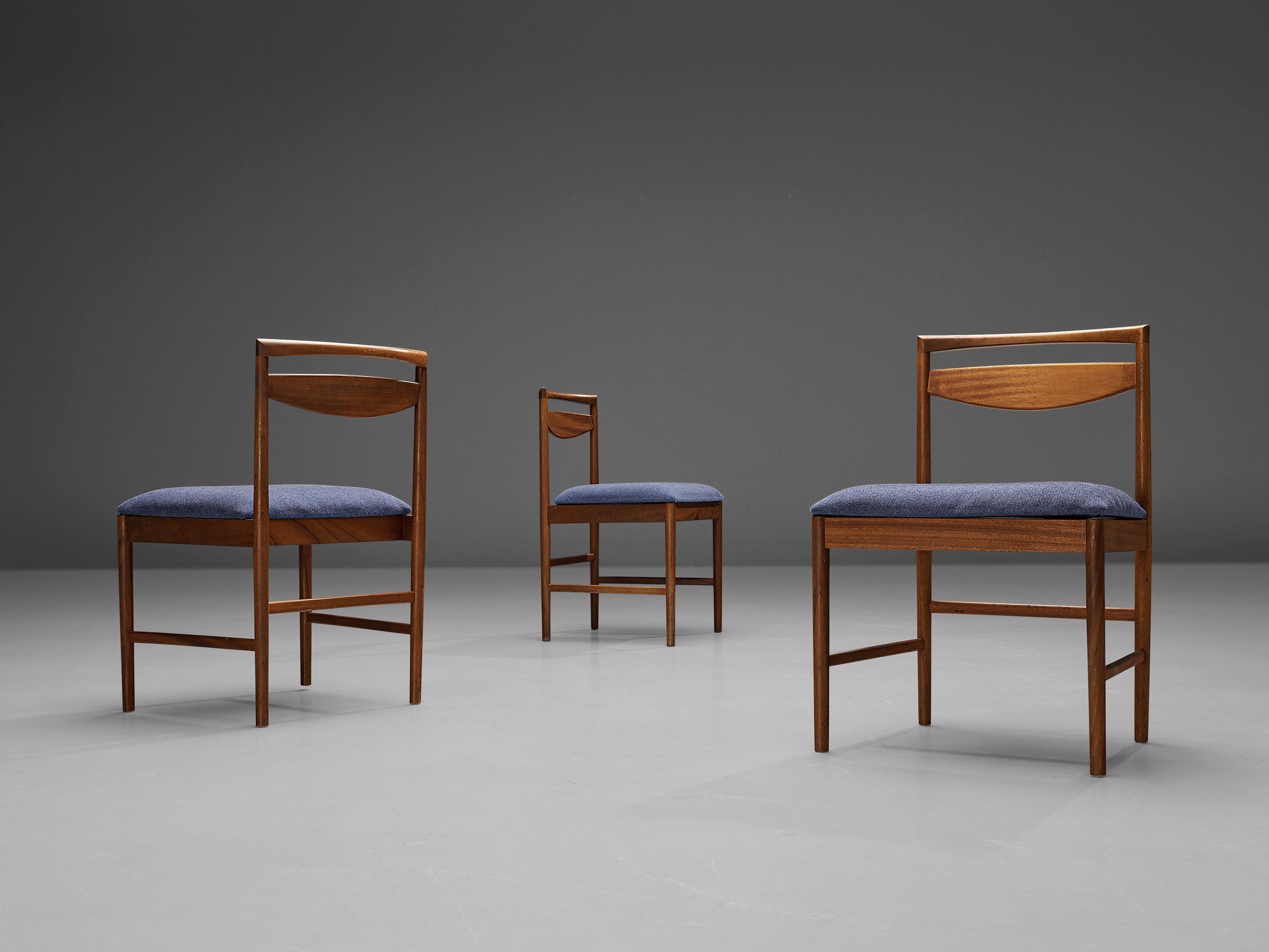 Set of Six Dining Chairs in Teak and Blue Upholstery  3