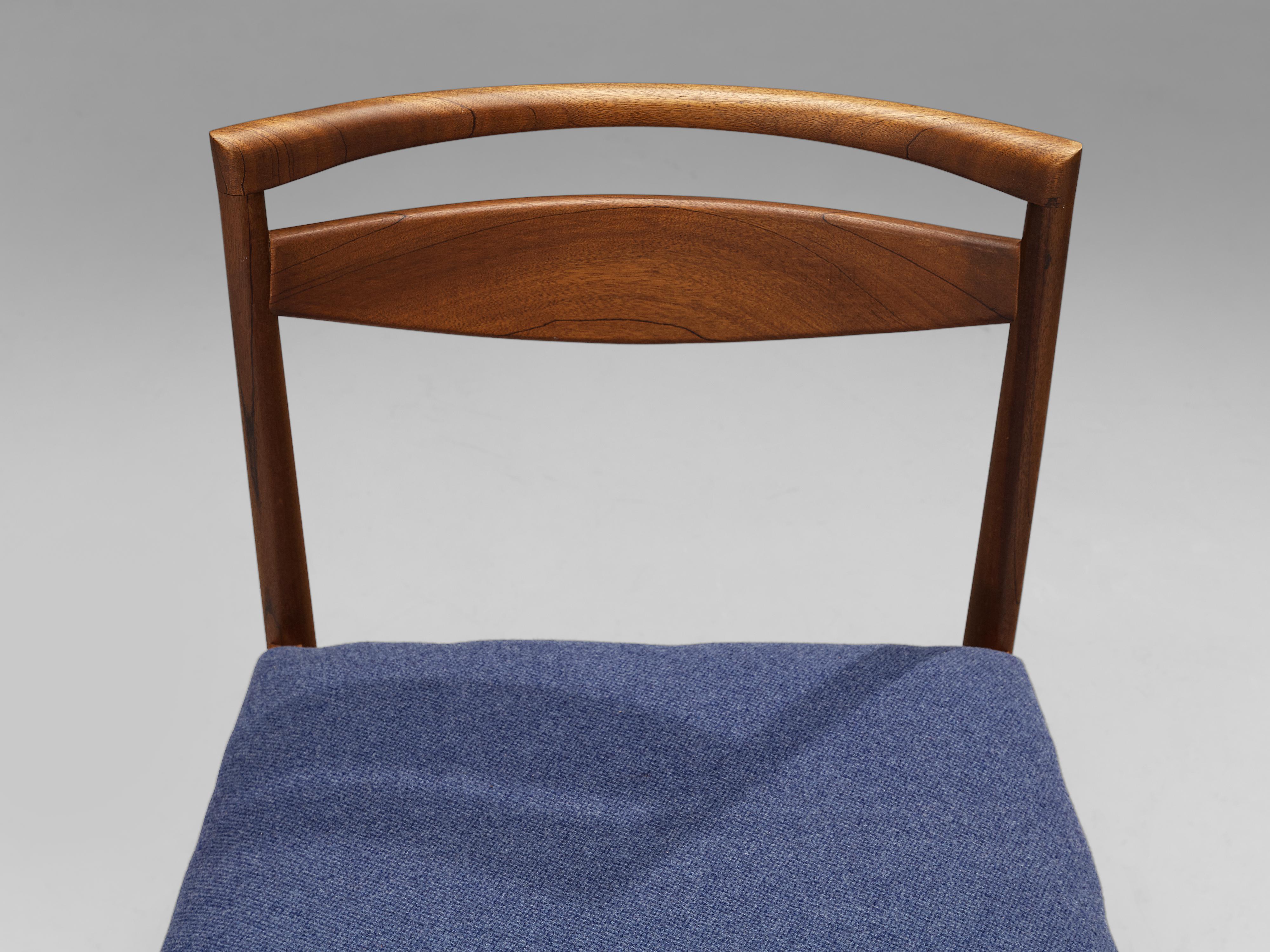 Set of Six Dining Chairs in Teak and Blue Upholstery  4