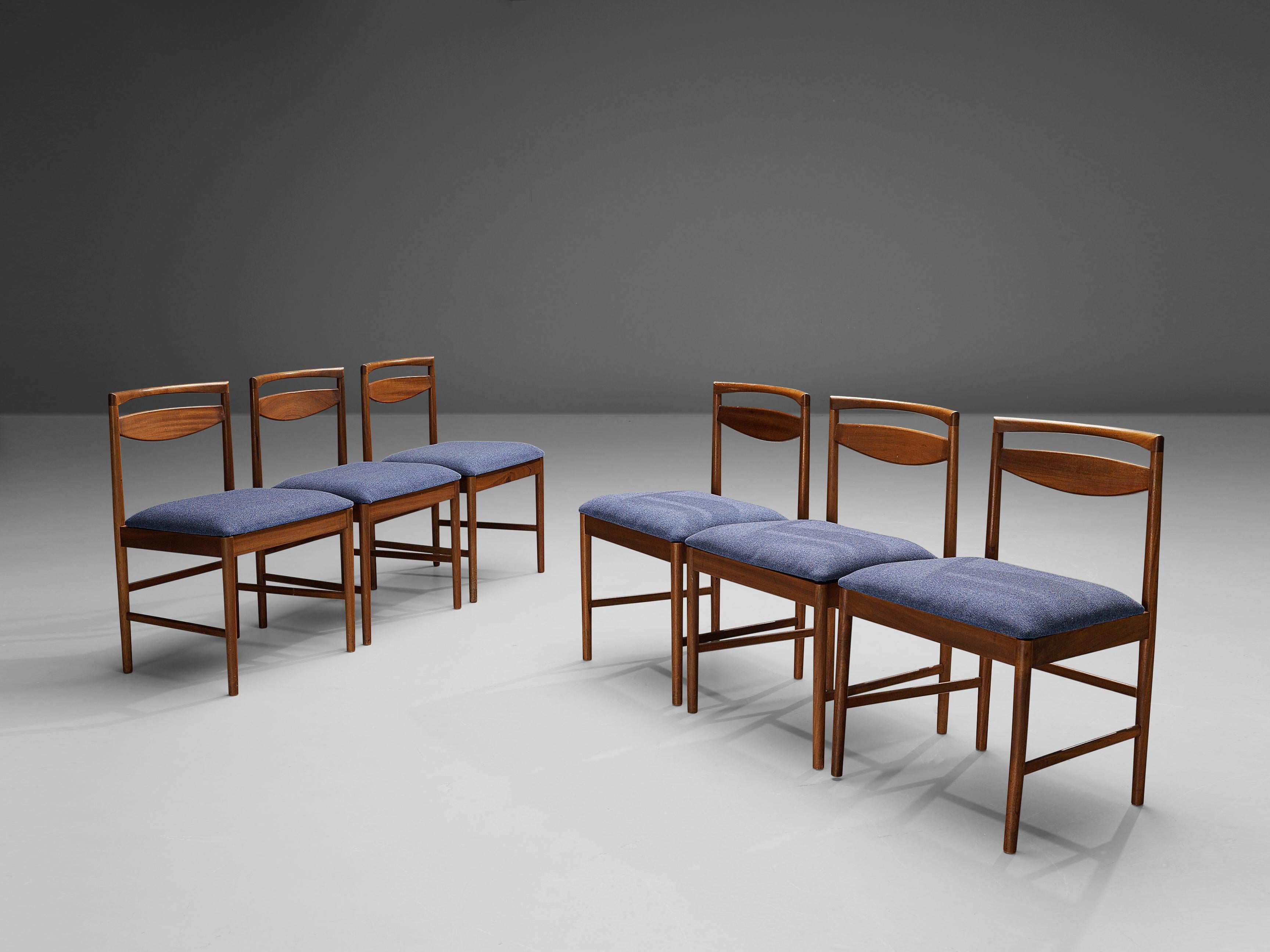 Scottish Set of Six Dining Chairs in Teak and Blue Upholstery 