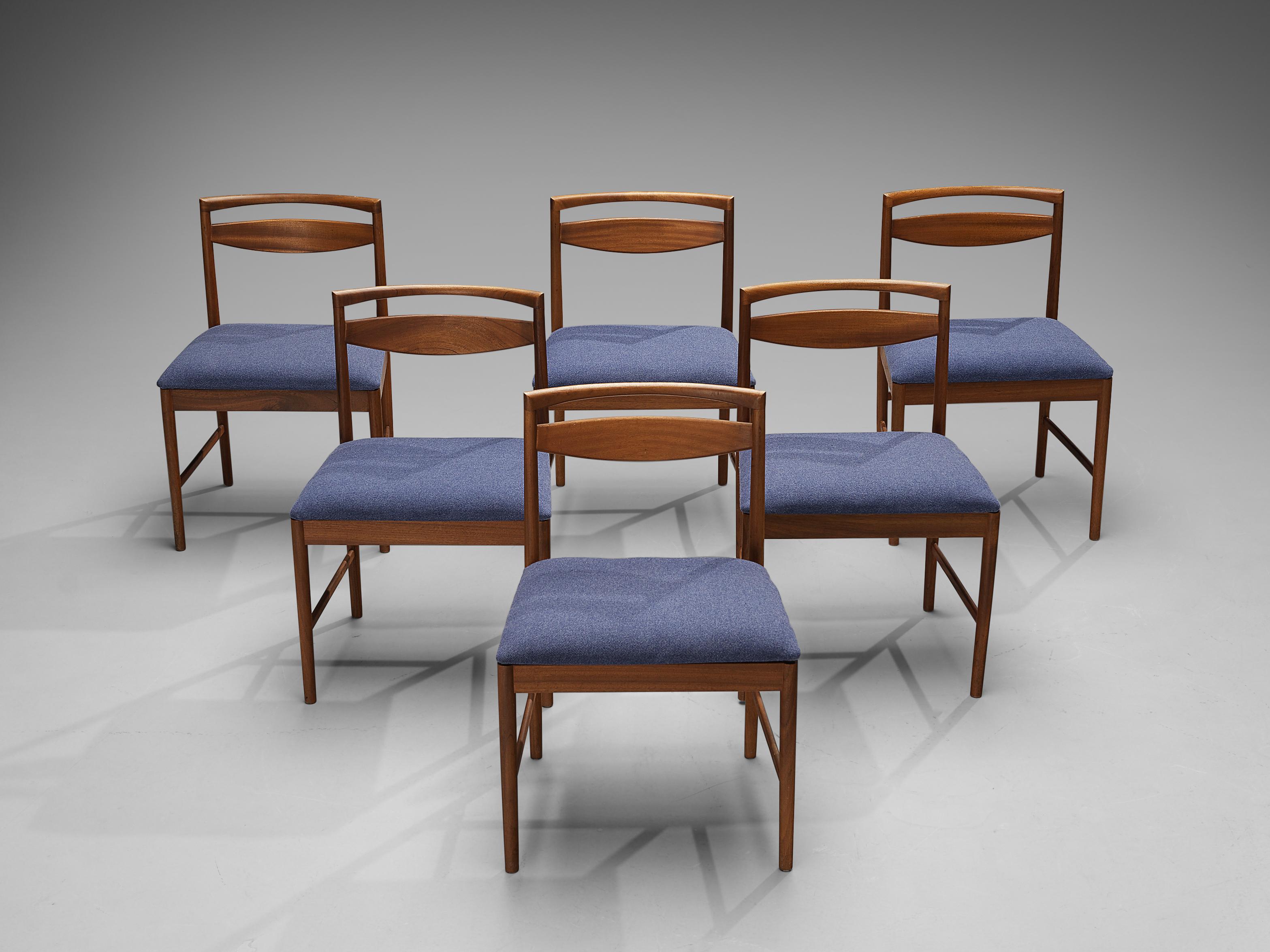 Mid-20th Century Set of Six Dining Chairs in Teak and Blue Upholstery 