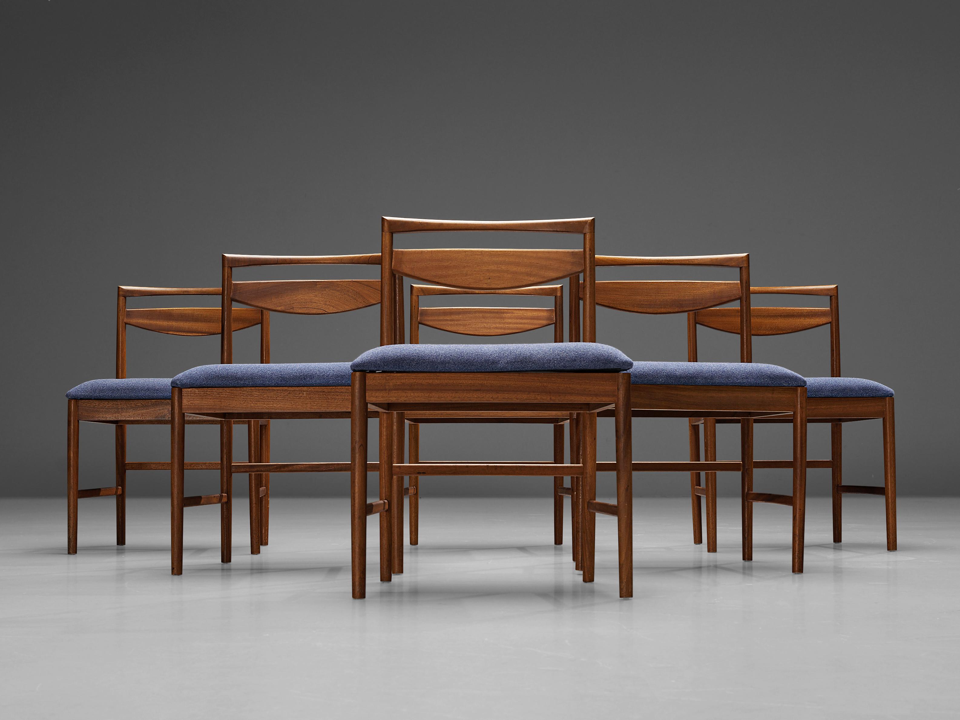 Set of Six Dining Chairs in Teak and Blue Upholstery  1