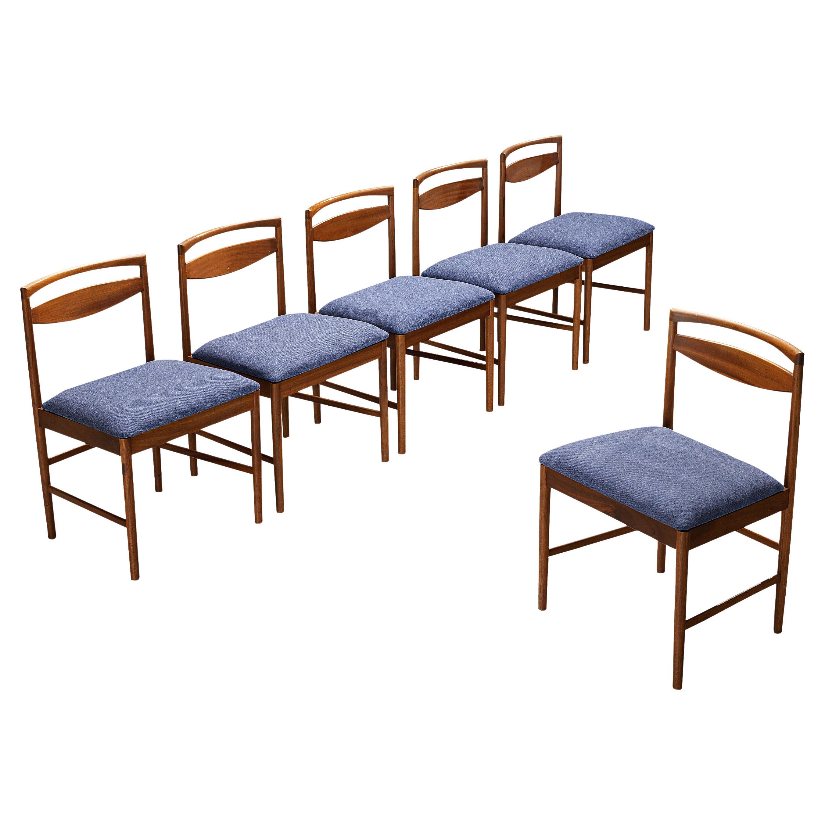 Set of Six Dining Chairs in Teak and Blue Upholstery 