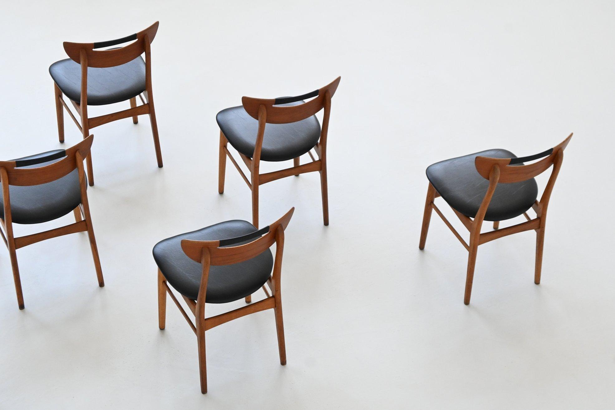 Set of six Danish dining chairs in teak and faux leather Denmark 1960 For Sale 4
