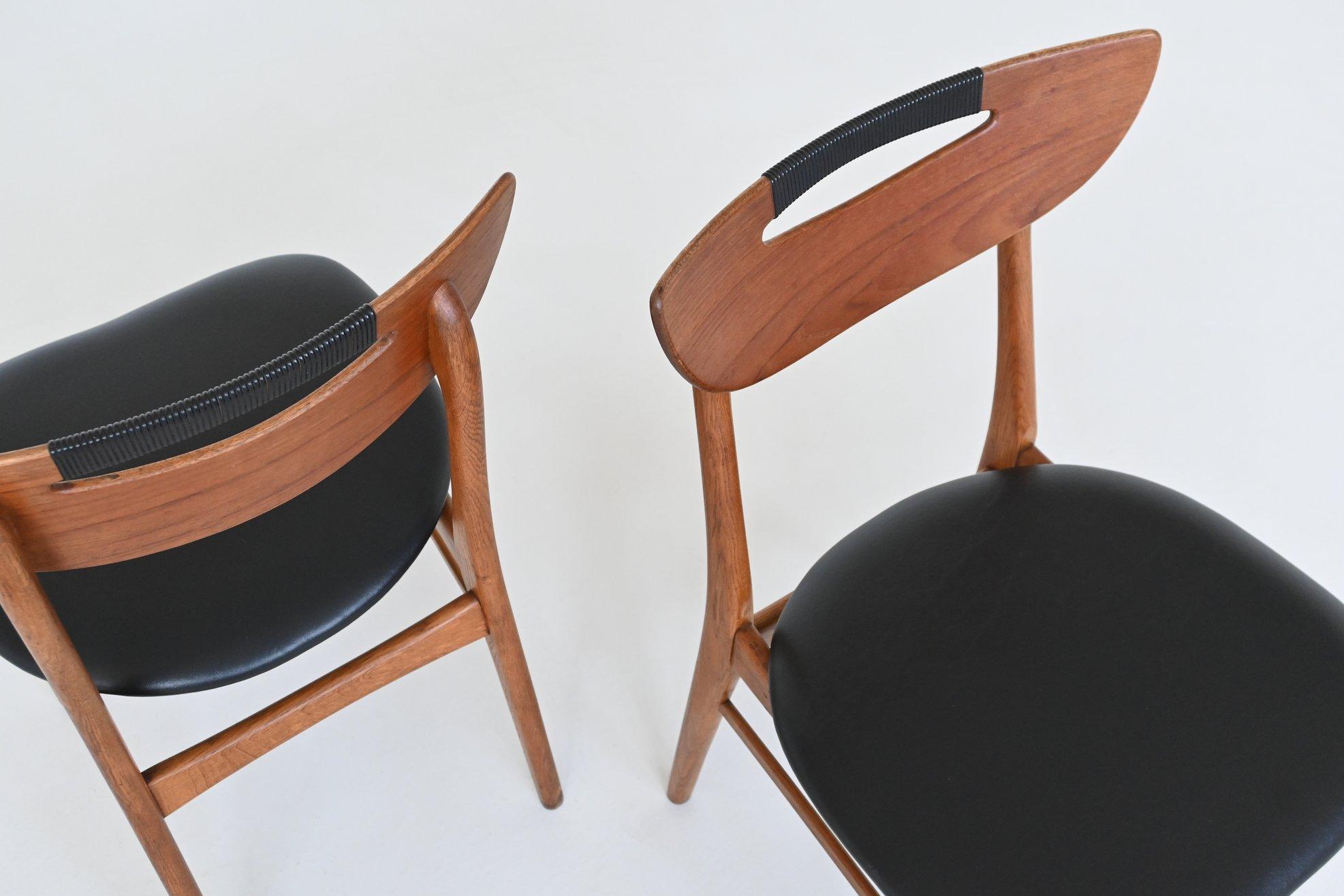 Set of six Danish dining chairs in teak and faux leather Denmark 1960 For Sale 5