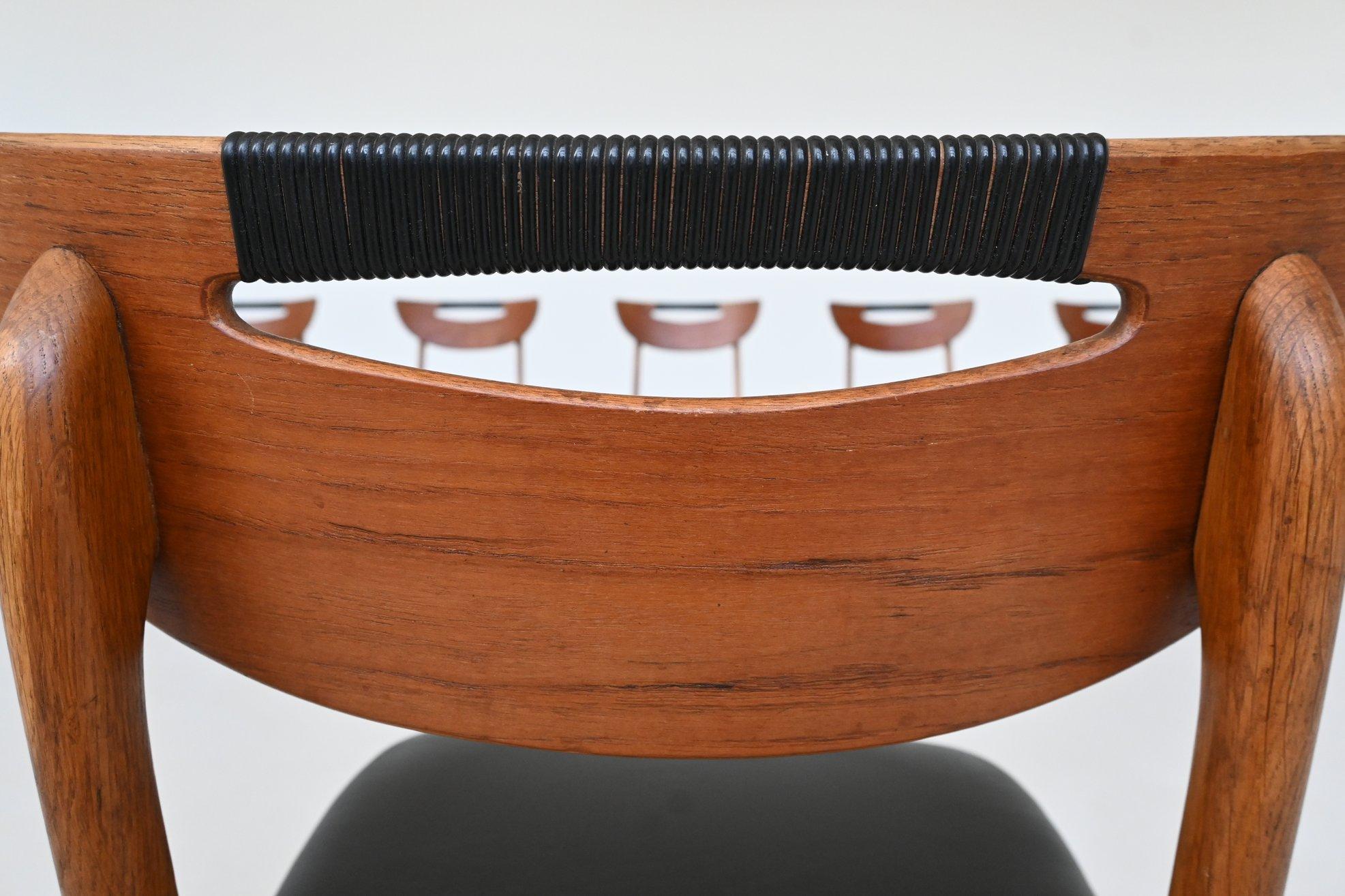 Set of six Danish dining chairs in teak and faux leather Denmark 1960 For Sale 6