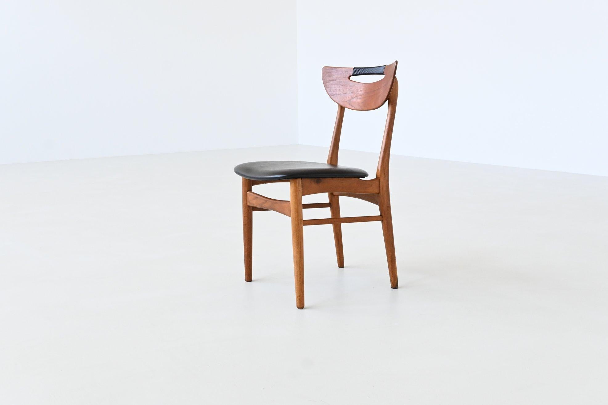 Set of six Danish dining chairs in teak and faux leather Denmark 1960 For Sale 7