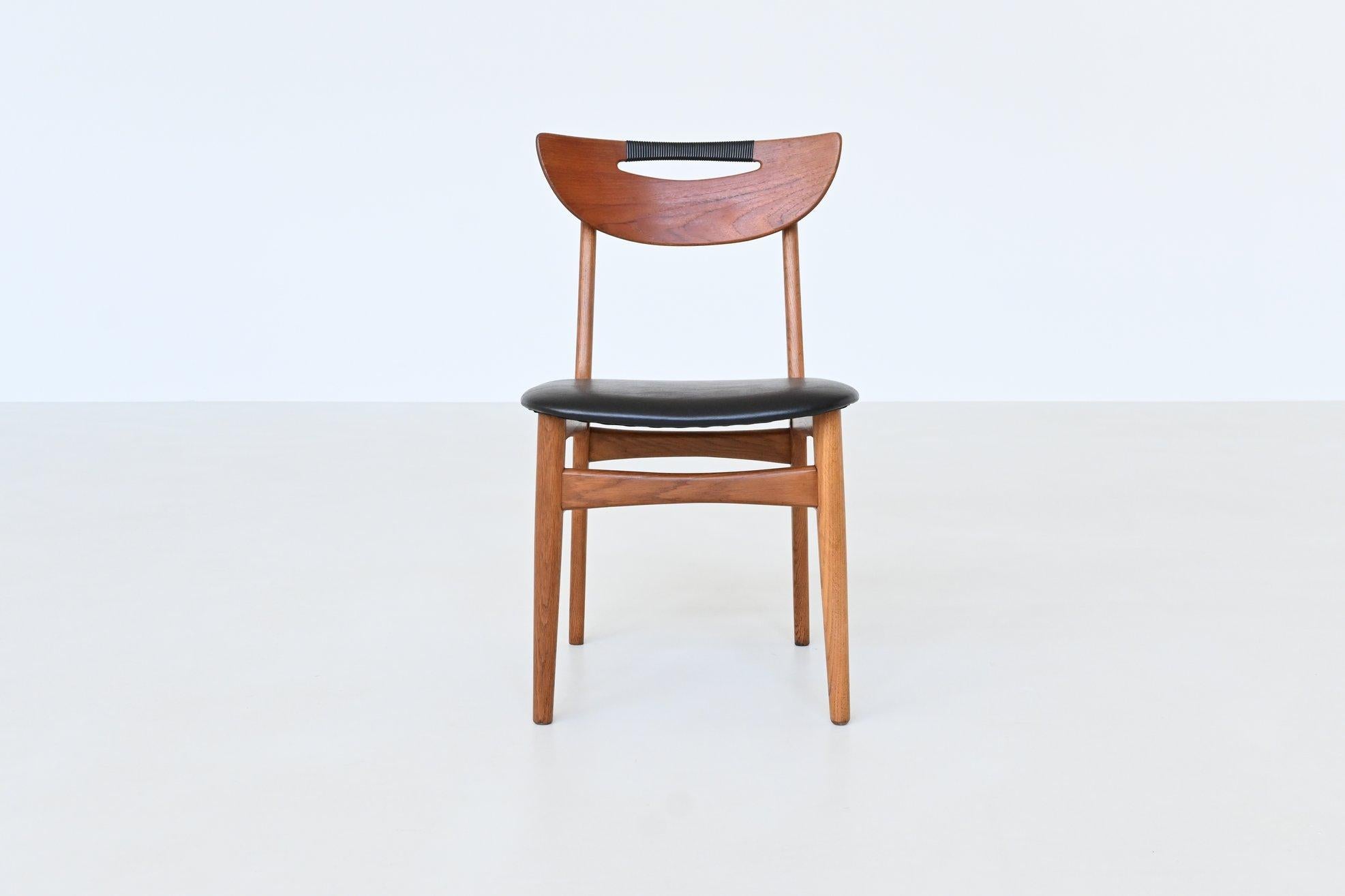 Set of six Danish dining chairs in teak and faux leather Denmark 1960 For Sale 8