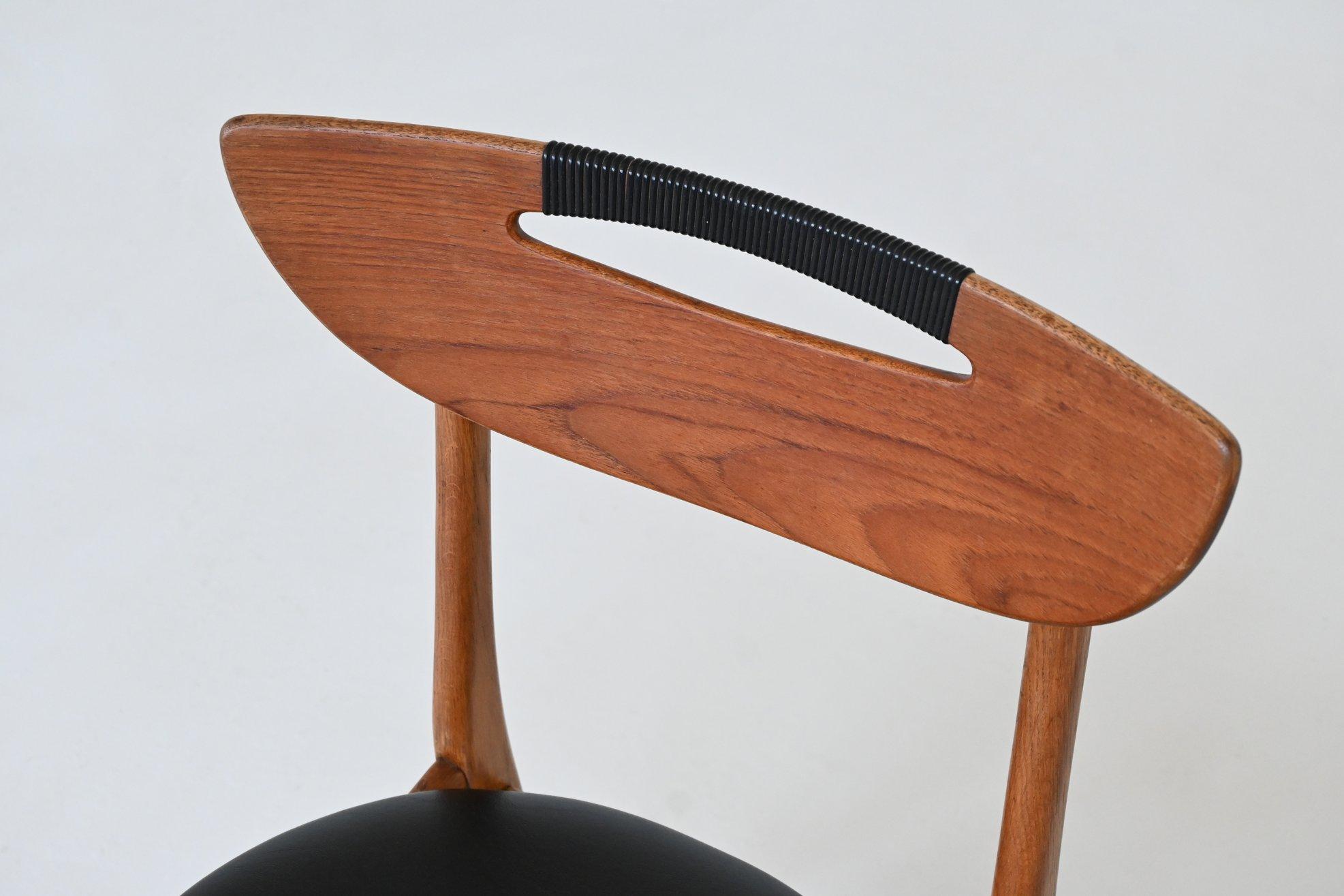 Set of six Danish dining chairs in teak and faux leather Denmark 1960 For Sale 9