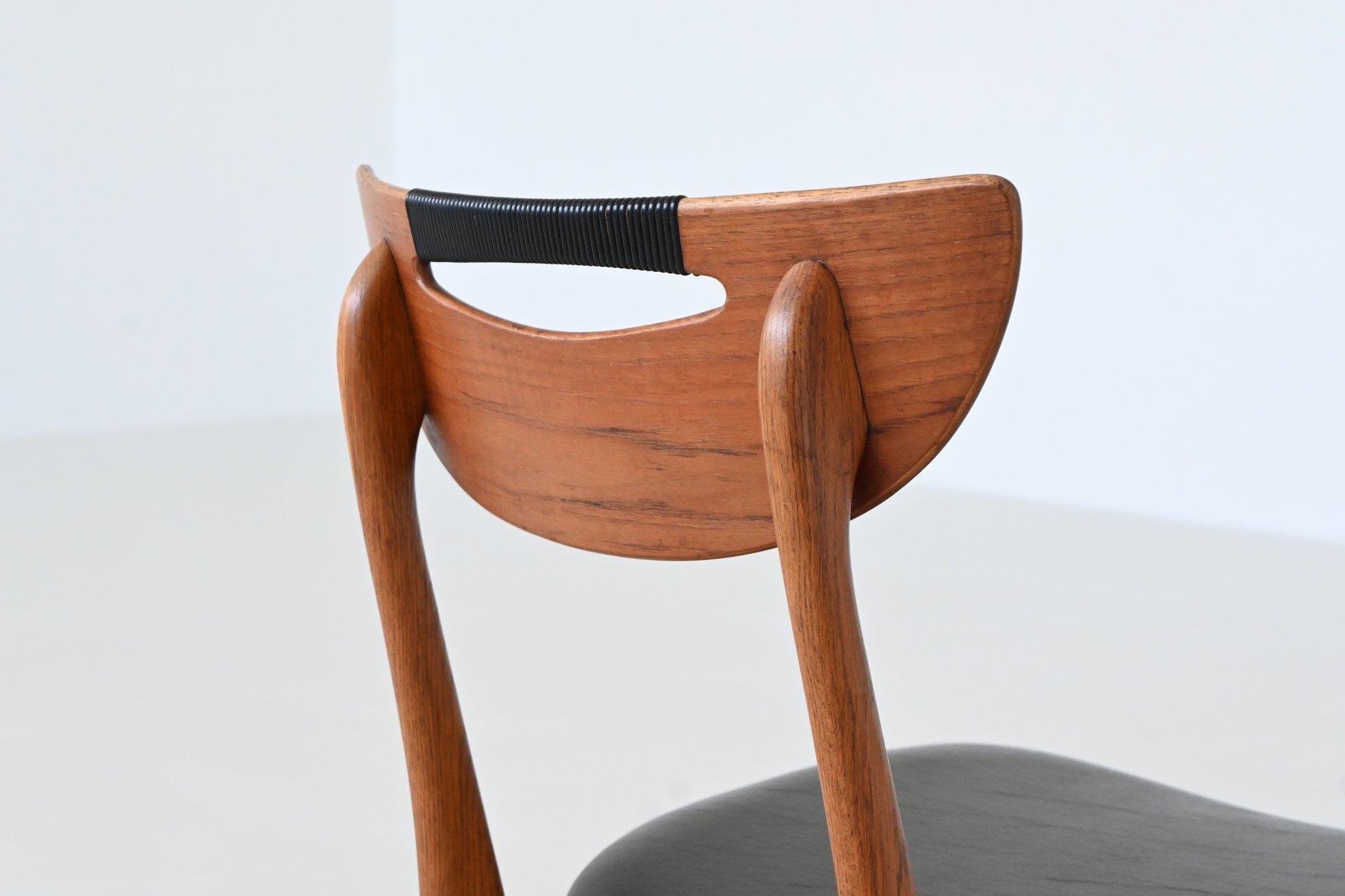 Set of six Danish dining chairs in teak and faux leather Denmark 1960 For Sale 11