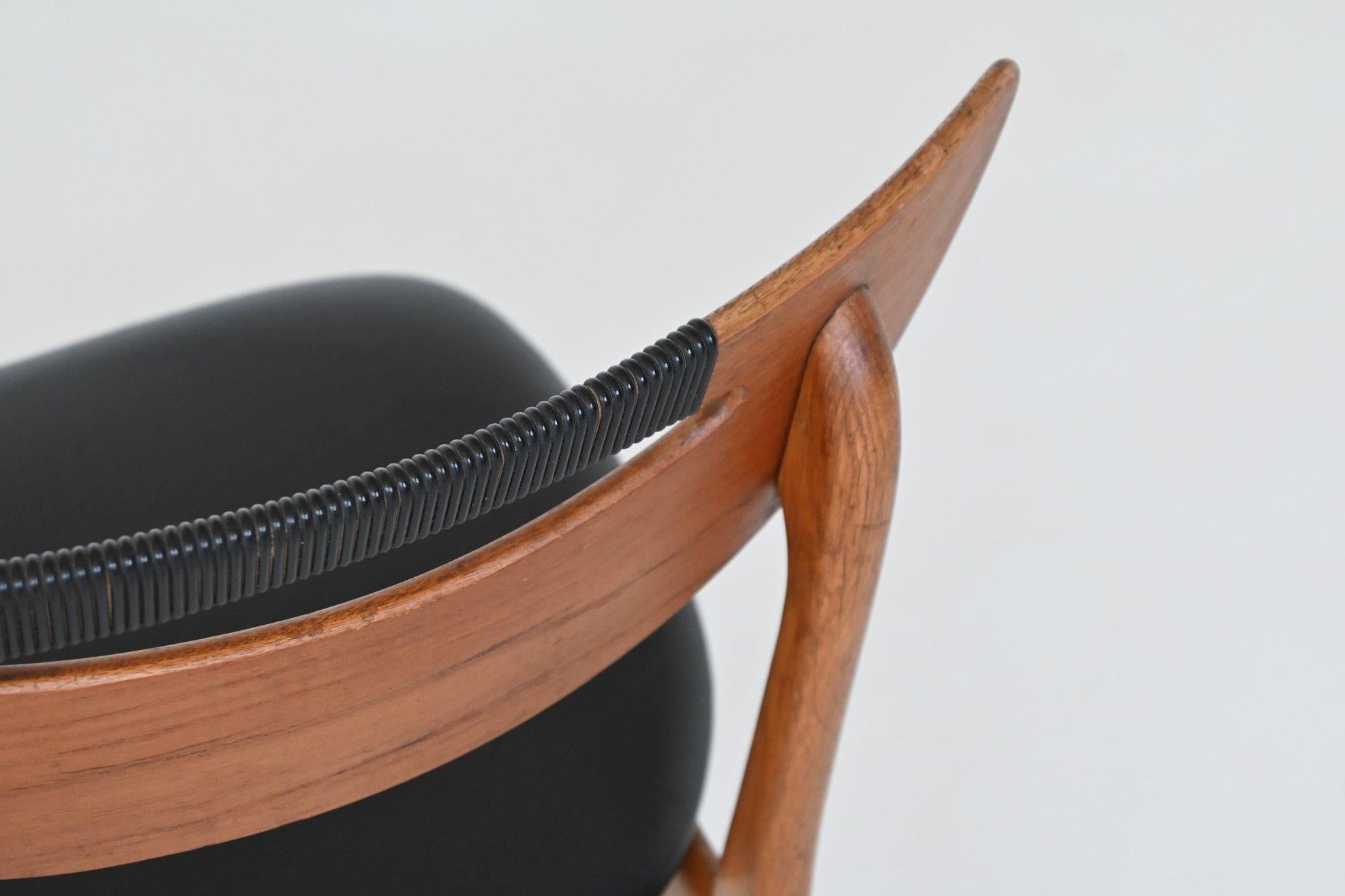 Set of six Danish dining chairs in teak and faux leather Denmark 1960 For Sale 12