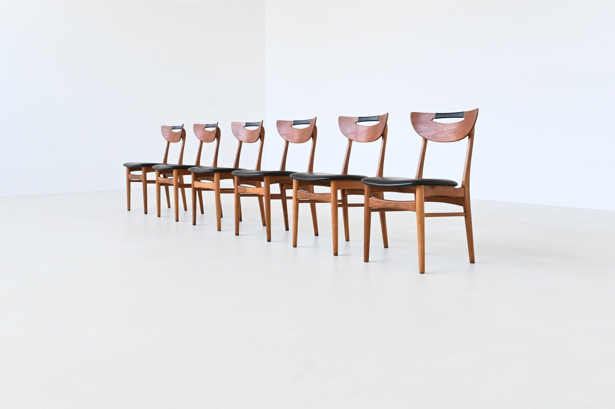 Scandinavian Modern Set of six Danish dining chairs in teak and faux leather Denmark 1960 For Sale