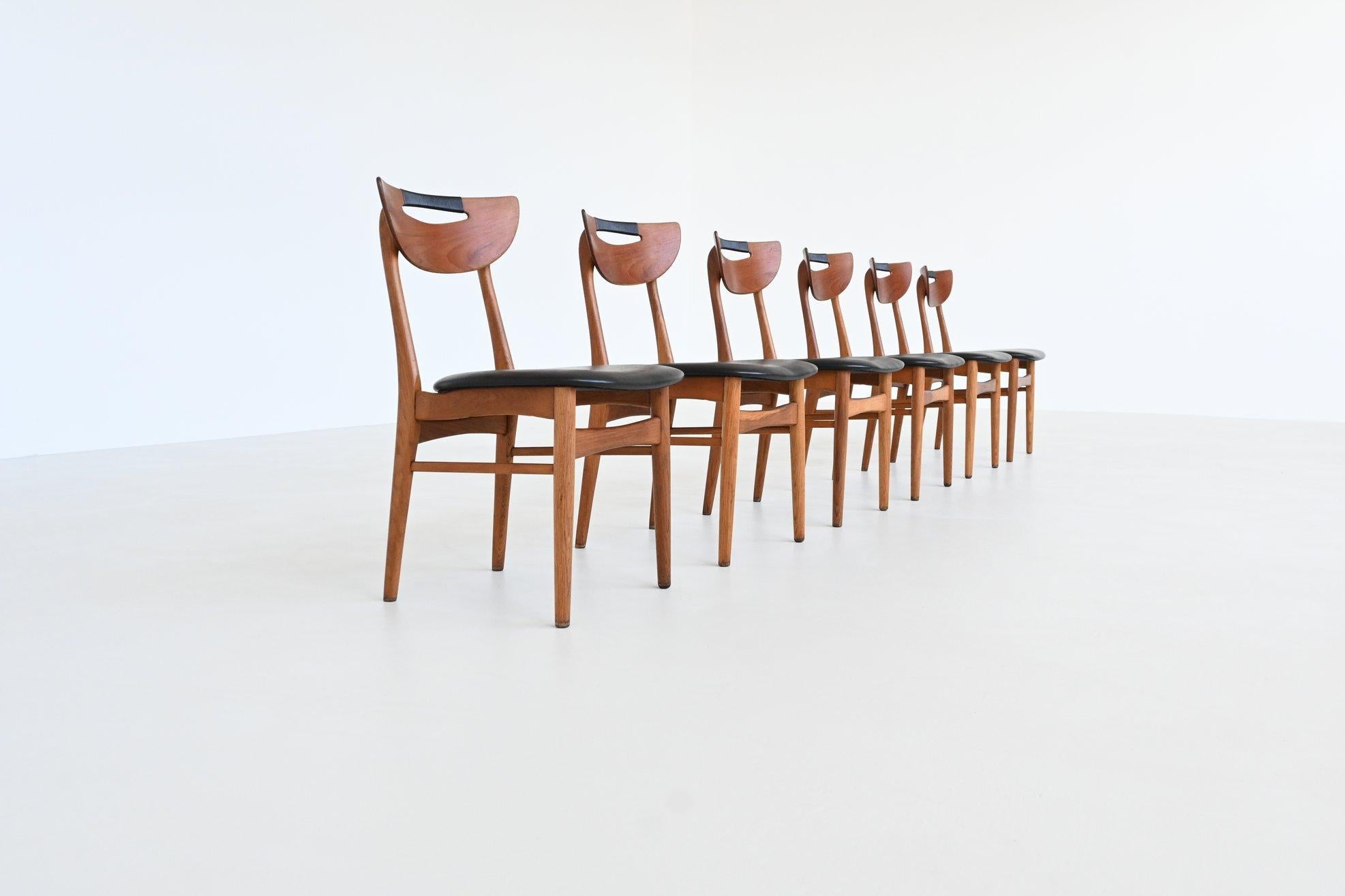 Set of six Danish dining chairs in teak and faux leather Denmark 1960 In Good Condition For Sale In Etten-Leur, NL