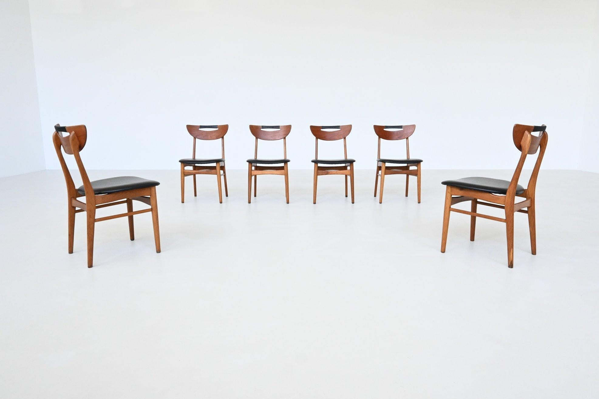 Mid-20th Century Set of six Danish dining chairs in teak and faux leather Denmark 1960 For Sale