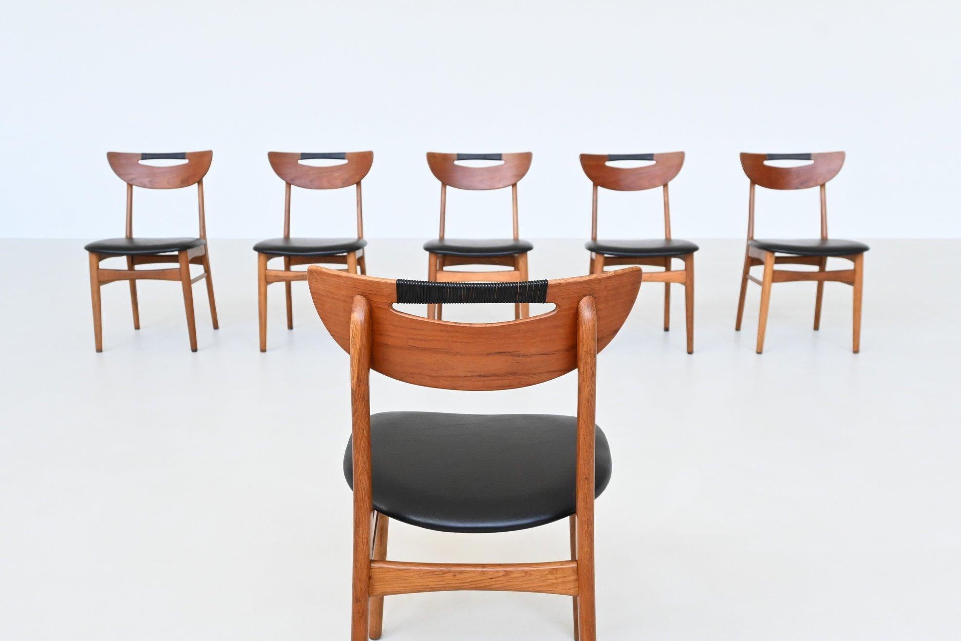 Faux Leather Set of six Danish dining chairs in teak and faux leather Denmark 1960 For Sale