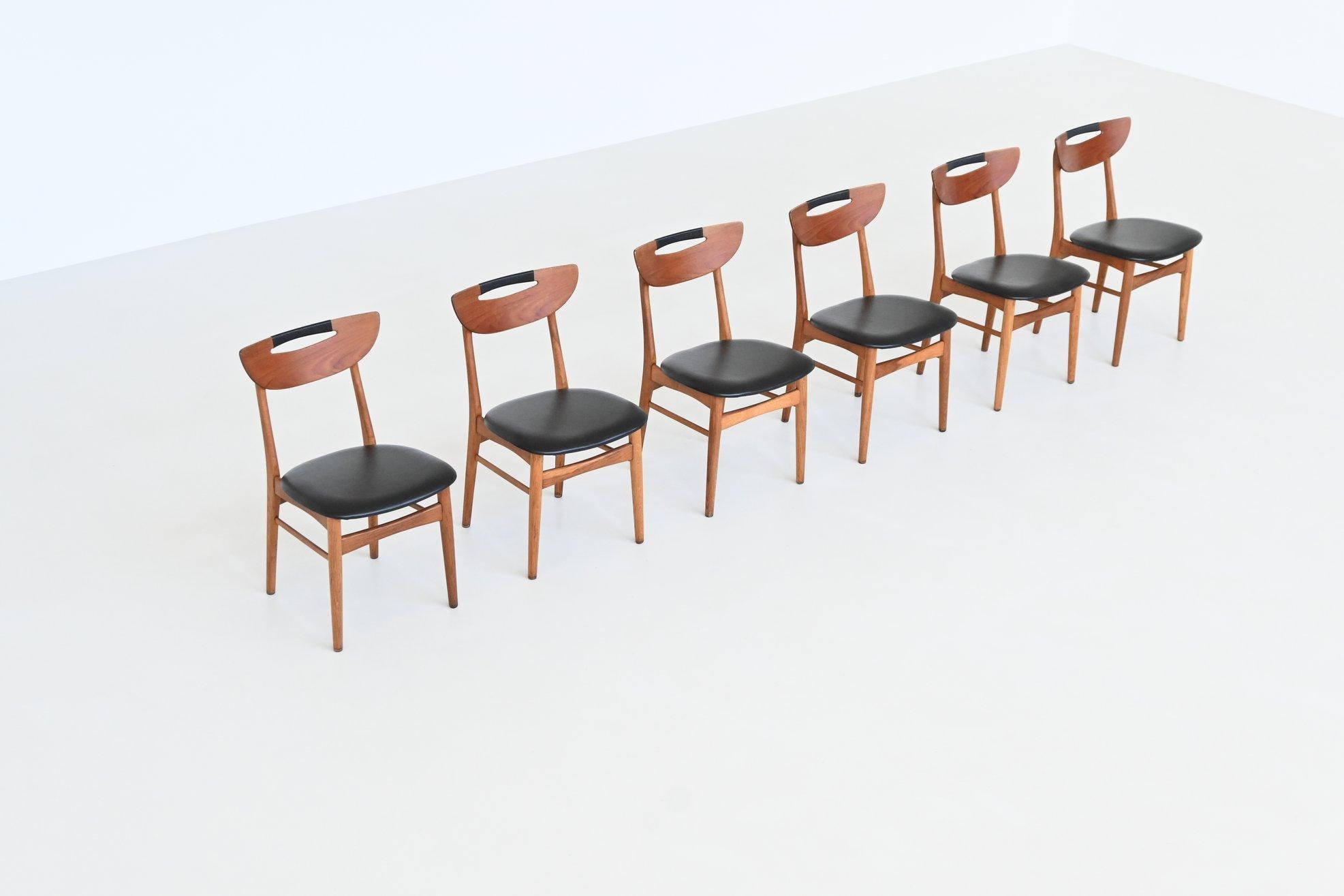 Set of six Danish dining chairs in teak and faux leather Denmark 1960 For Sale 1