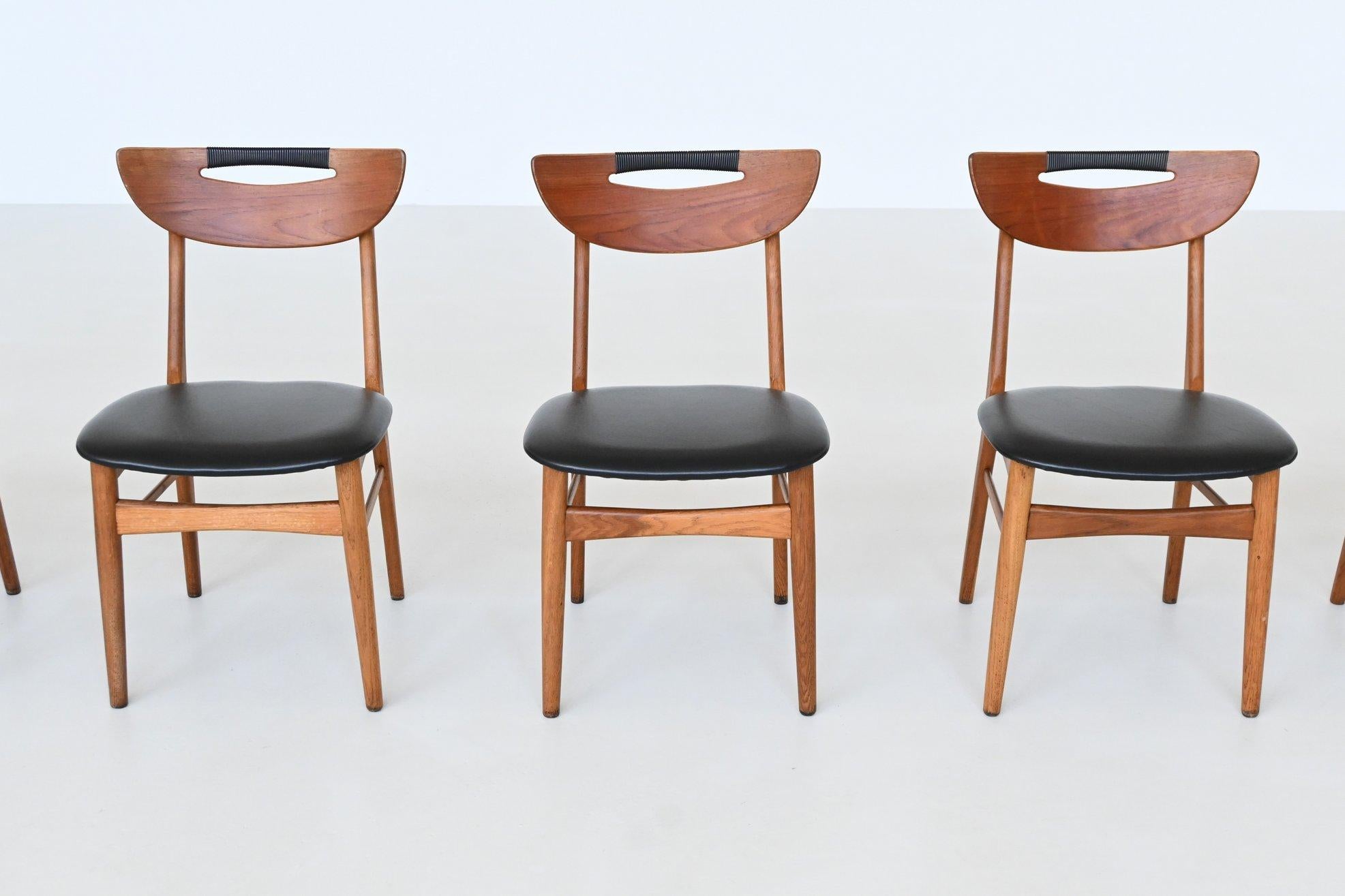 Set of six Danish dining chairs in teak and faux leather Denmark 1960 For Sale 2