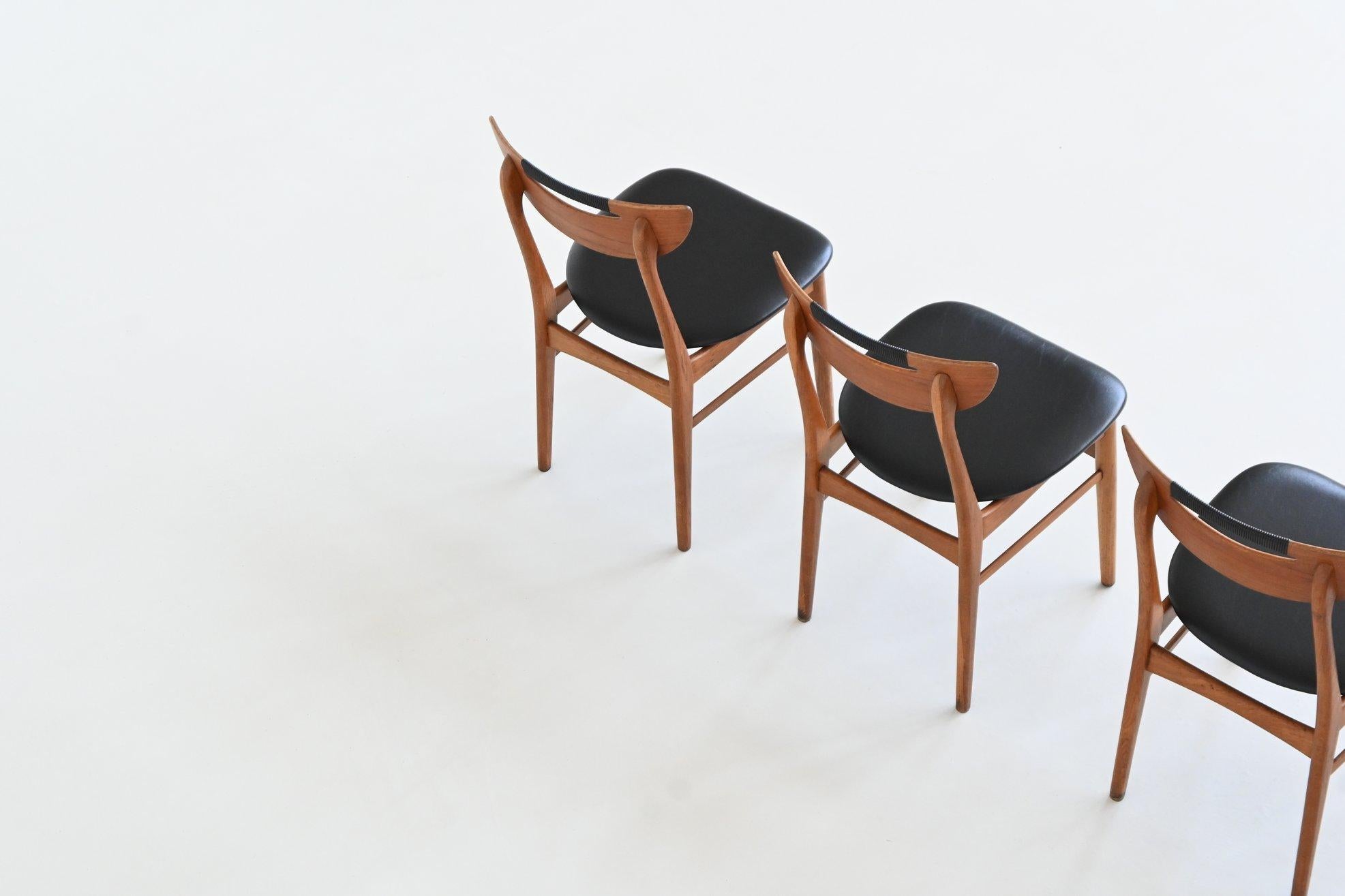 Set of six Danish dining chairs in teak and faux leather Denmark 1960 For Sale 3