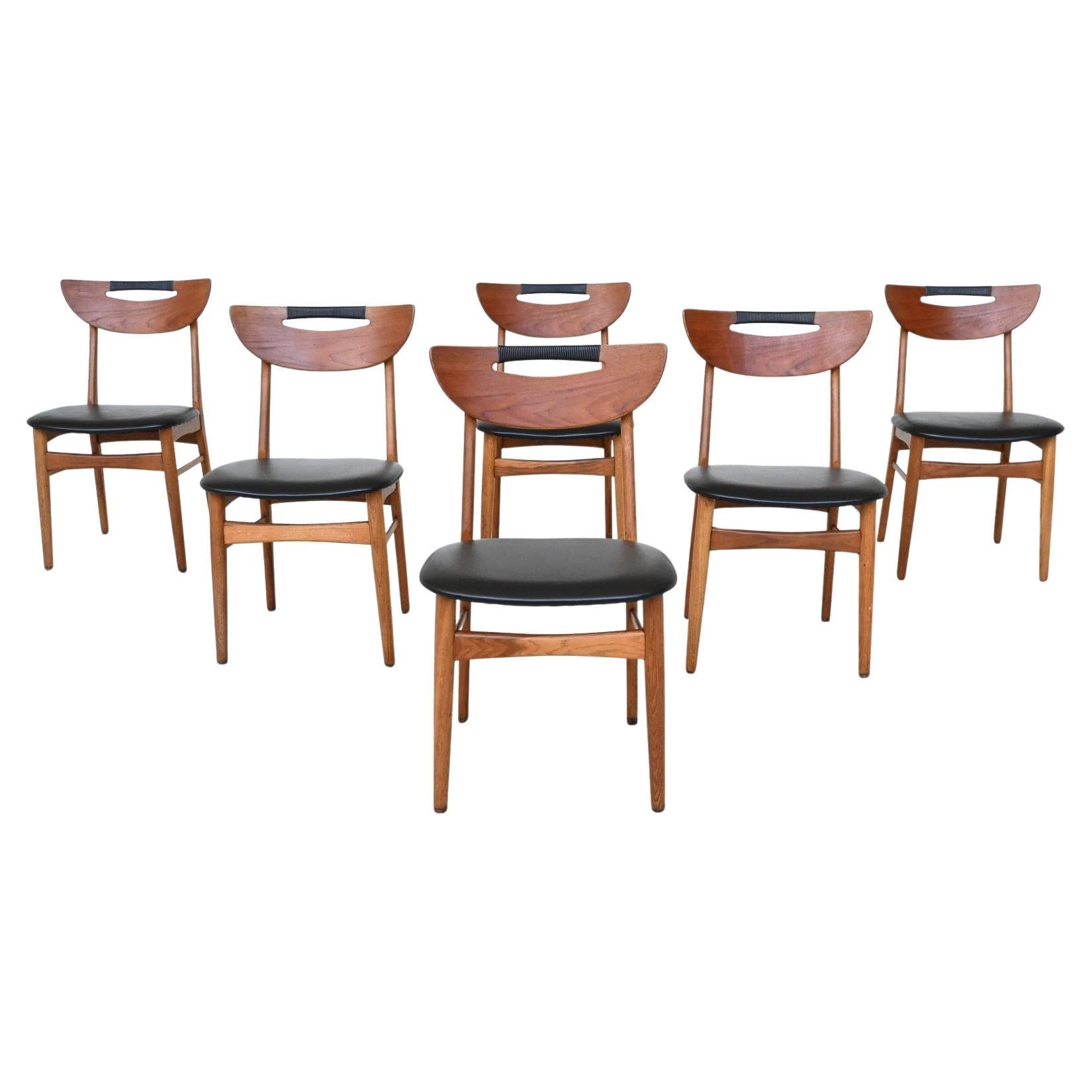 Set of six Danish dining chairs in teak and faux leather Denmark 1960 For Sale
