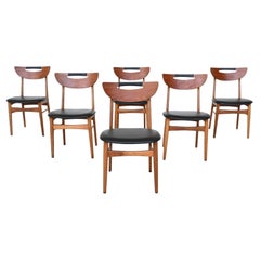 Set of six Danish dining chairs in teak and faux leather Denmark 1960