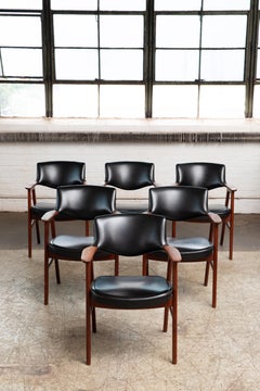 Set of Six Danish Erik Kirkegaard Teak Dining Chairs in Original Black Vinyl