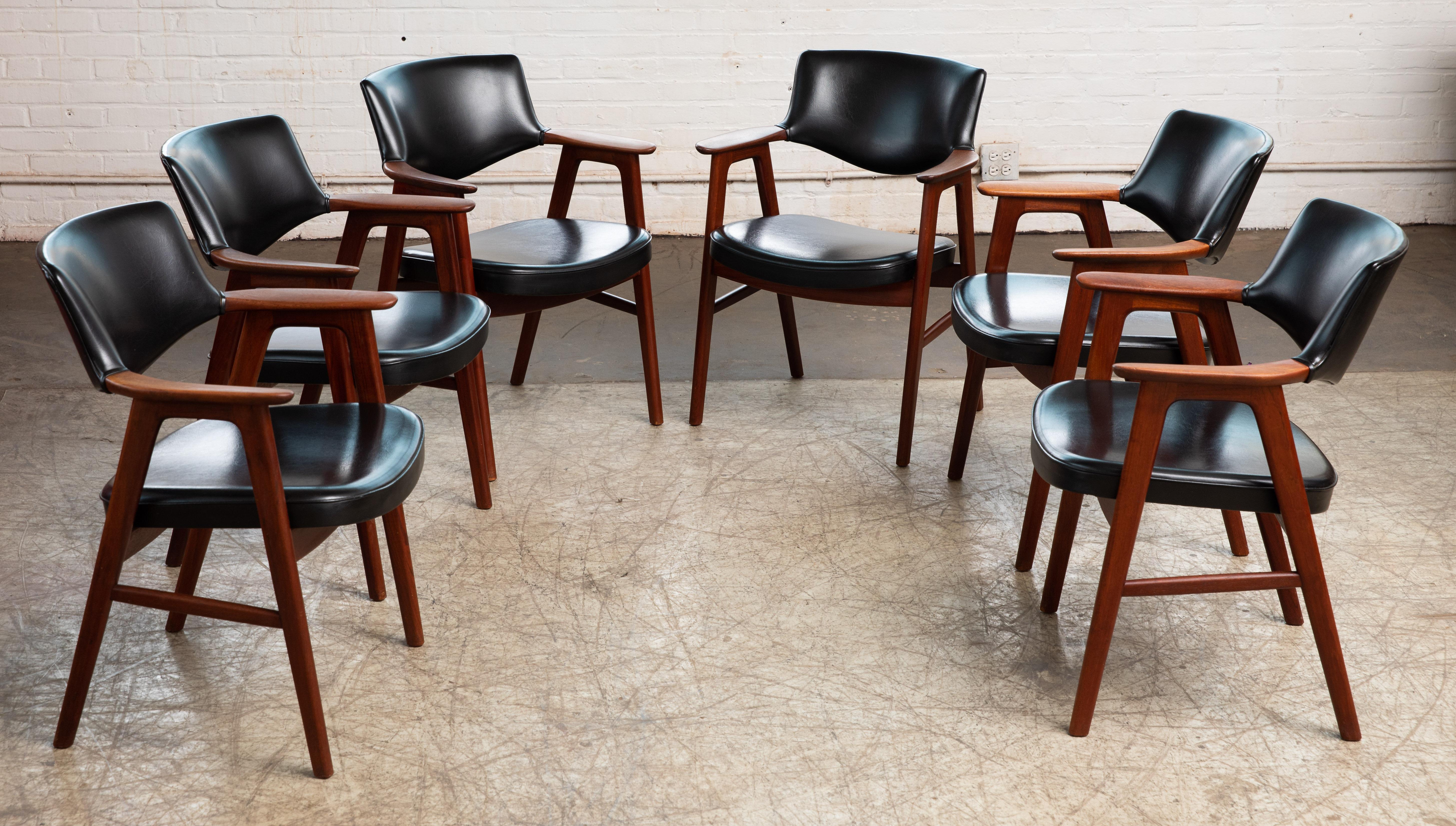 Mid-Century Modern Set of Six Danish Erik Kirkegaard Teak Dining Chairs in Original Black Vinyl