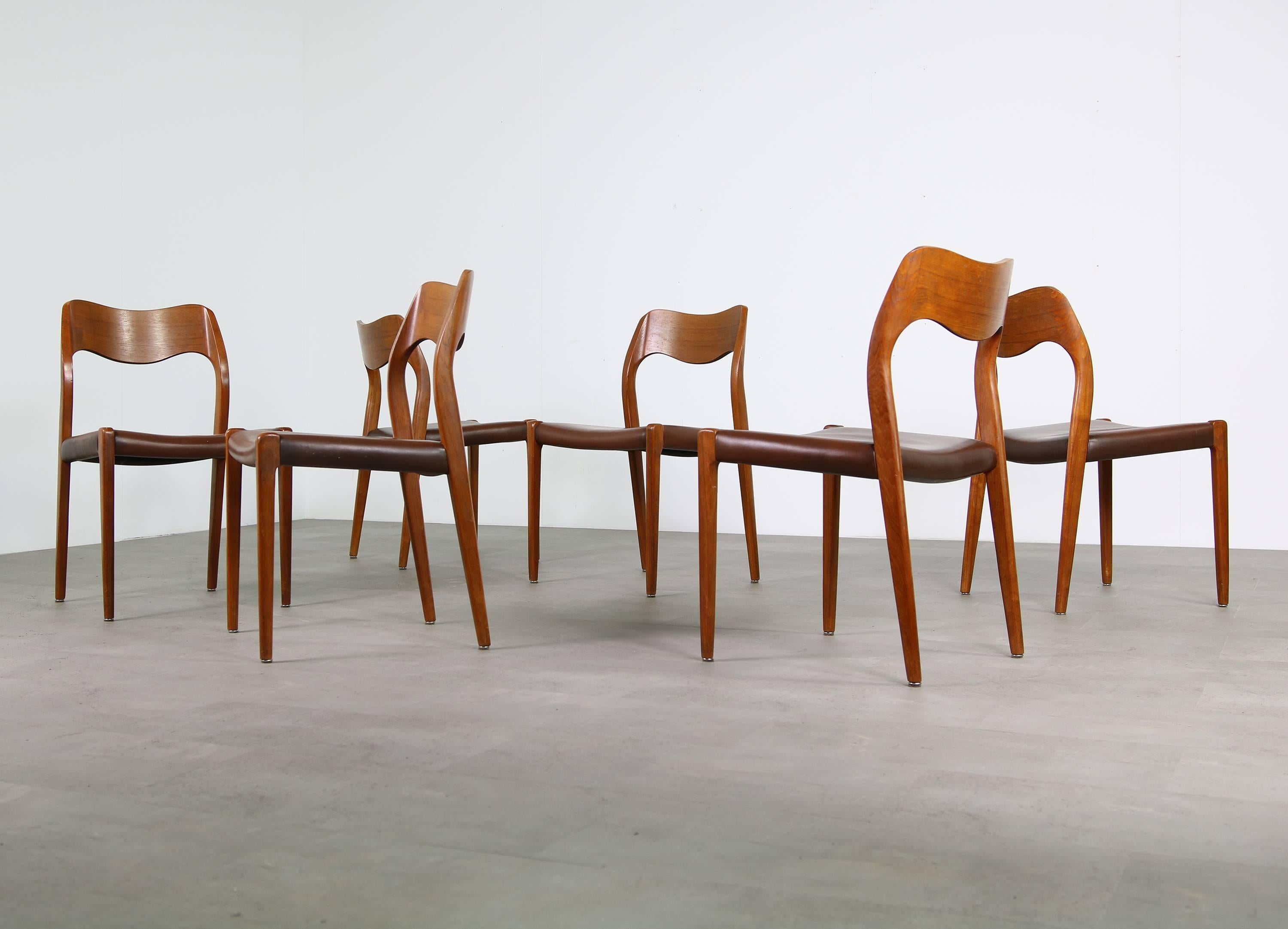 Set of Six Danish Modern Niels Moller Mod. 71 Dining Chairs Teak and Leather In Excellent Condition In Hamminkeln, DE