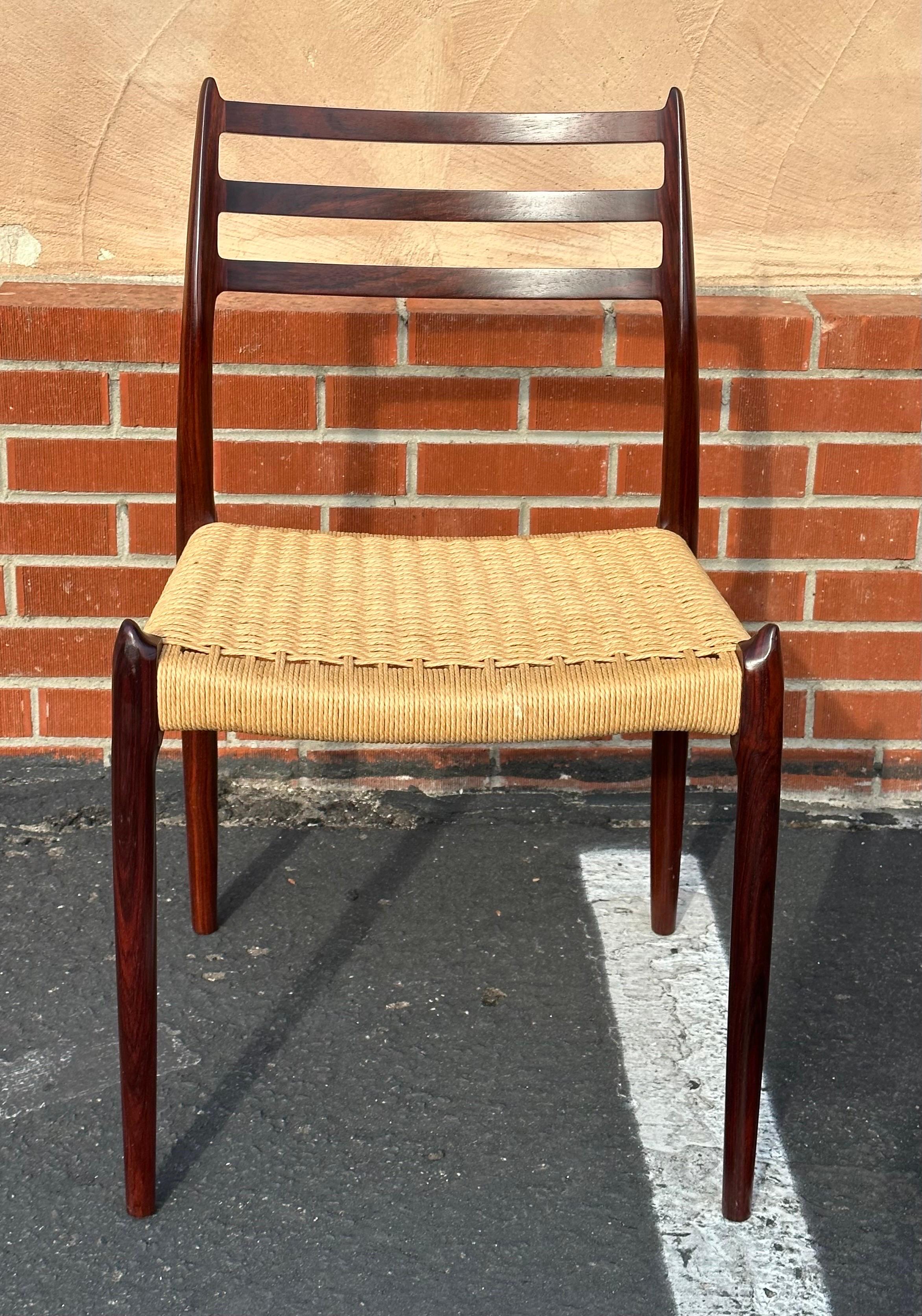 Set of Six Danish Modern Rosewood and Papercord Dining Chairs by Niels Moller For Sale 5