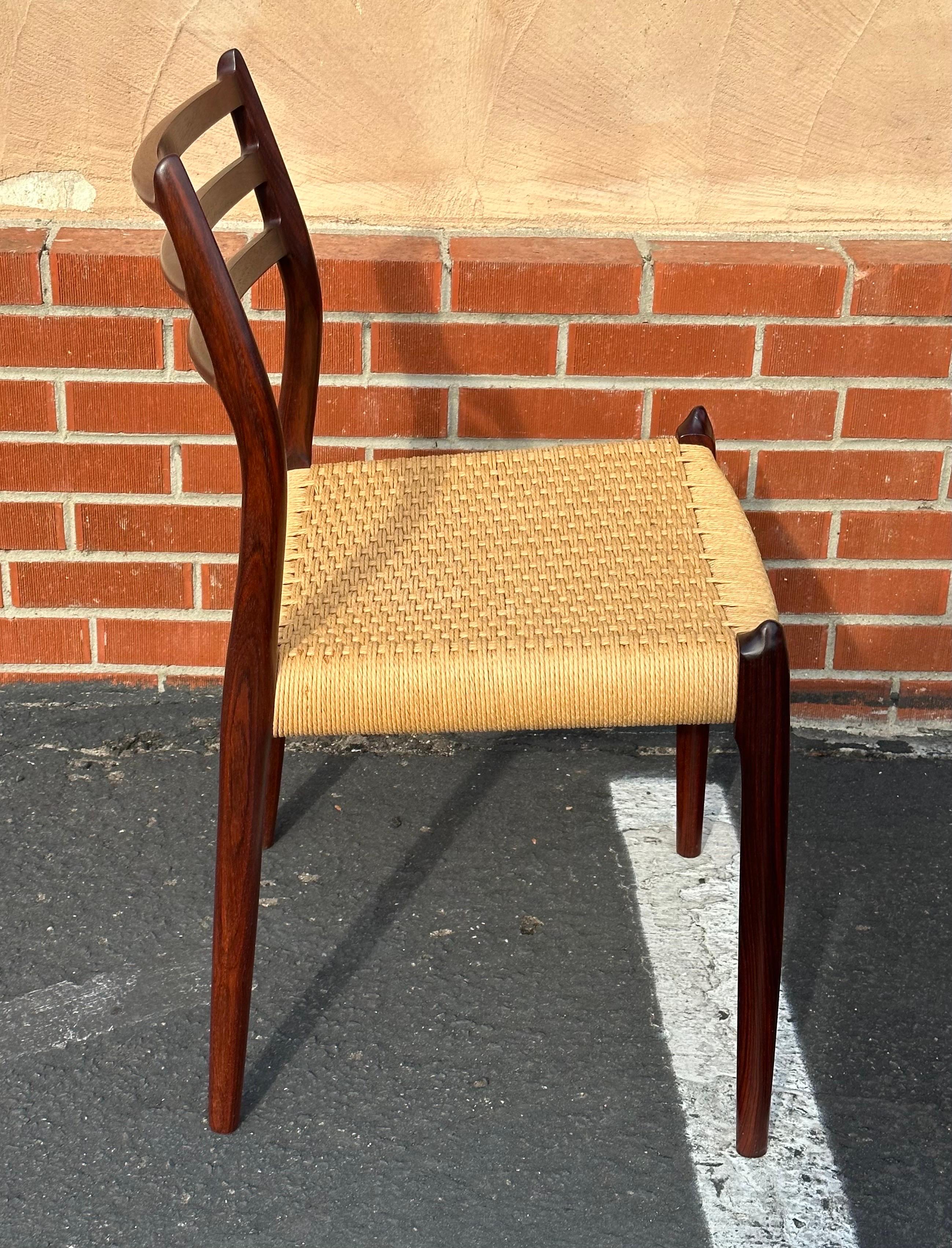 Set of Six Danish Modern Rosewood and Papercord Dining Chairs by Niels Moller For Sale 7
