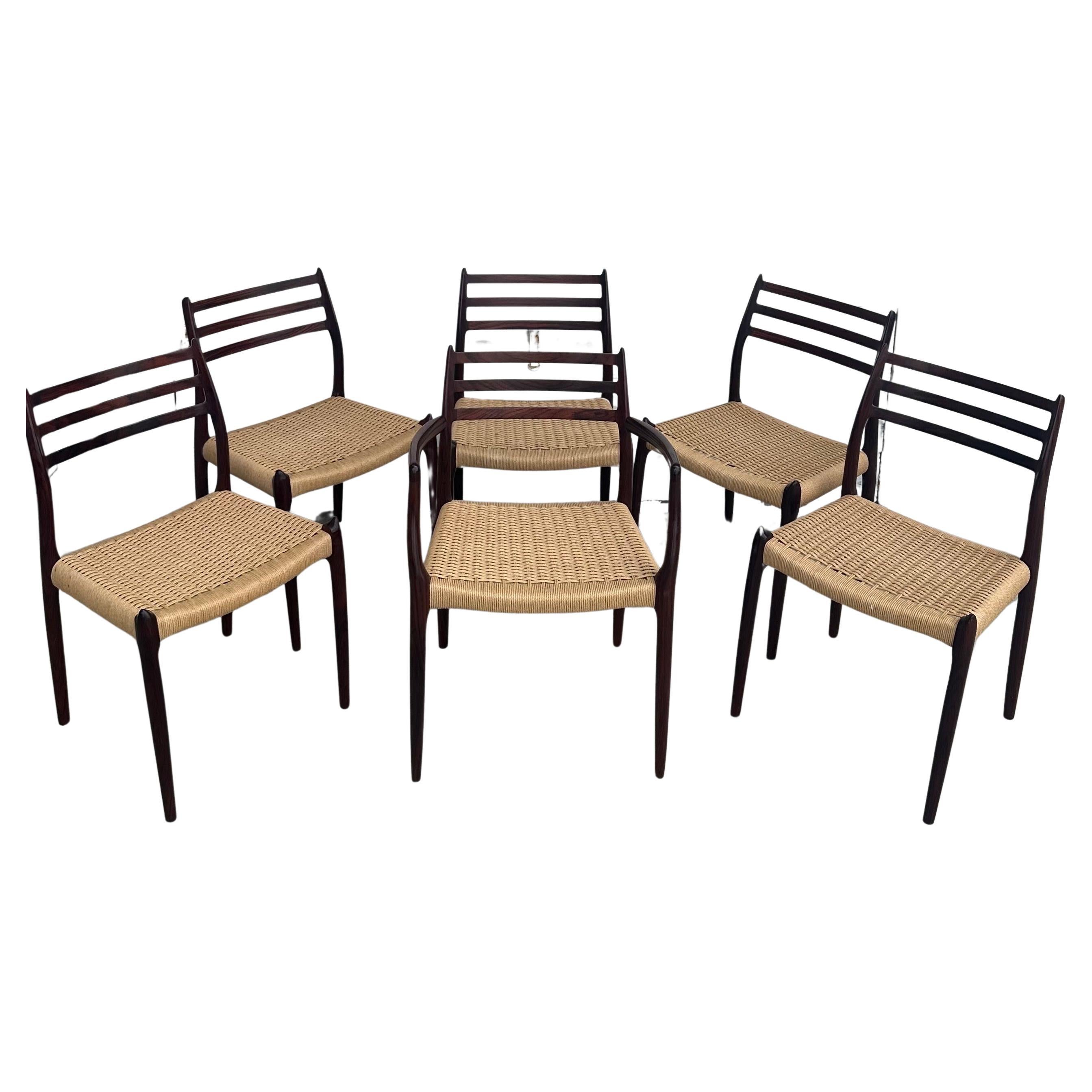 Set of Six Danish Modern Rosewood and Papercord Dining Chairs by Niels Moller For Sale 14