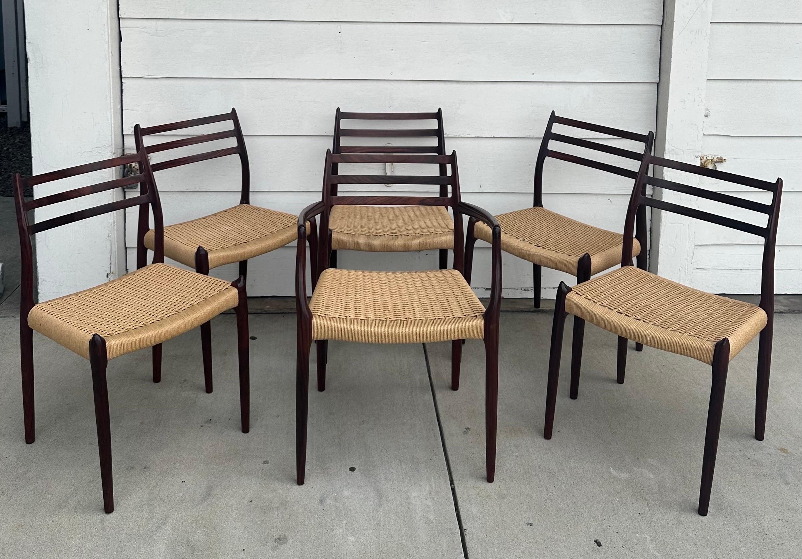 20th Century Set of Six Danish Modern Rosewood and Papercord Dining Chairs by Niels Moller For Sale