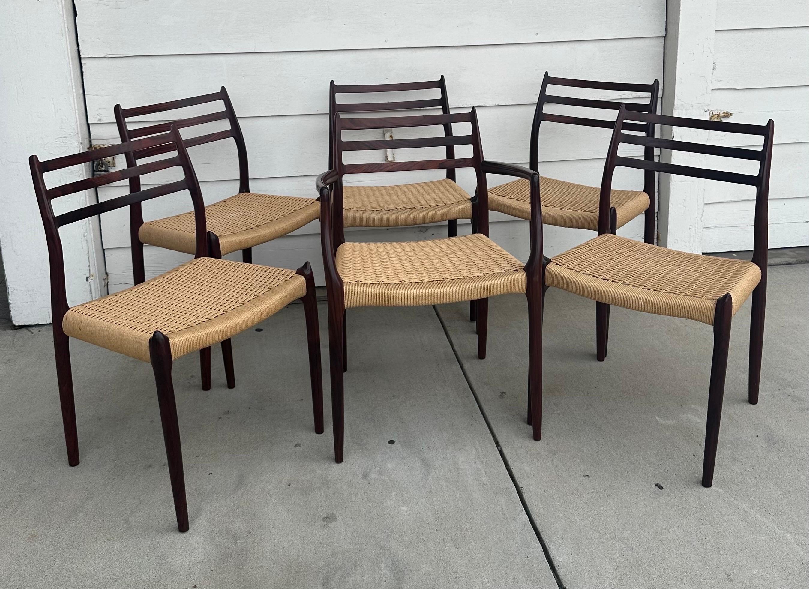 Set of Six Danish Modern Rosewood and Papercord Dining Chairs by Niels Moller For Sale 1