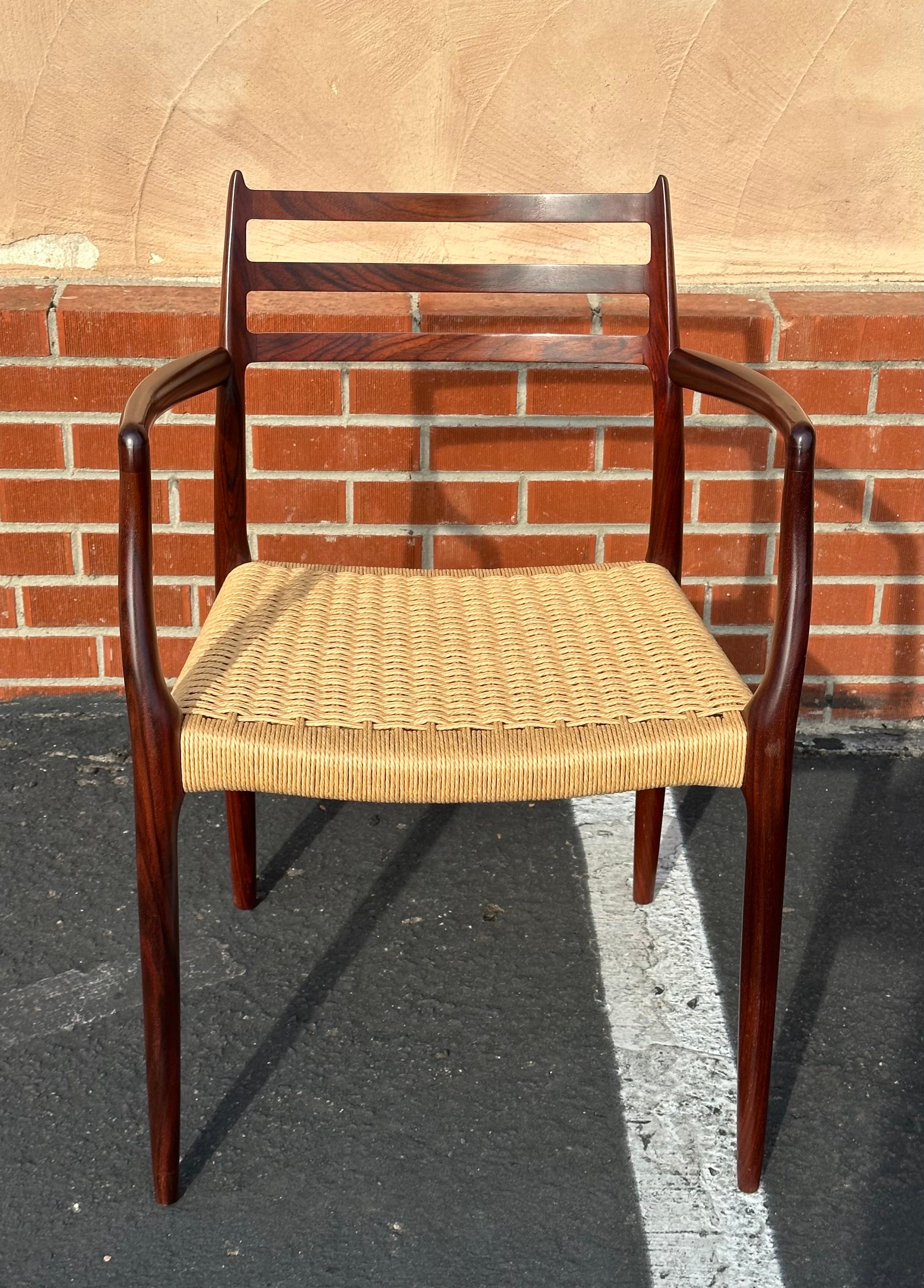 Set of Six Danish Modern Rosewood and Papercord Dining Chairs by Niels Moller For Sale 2