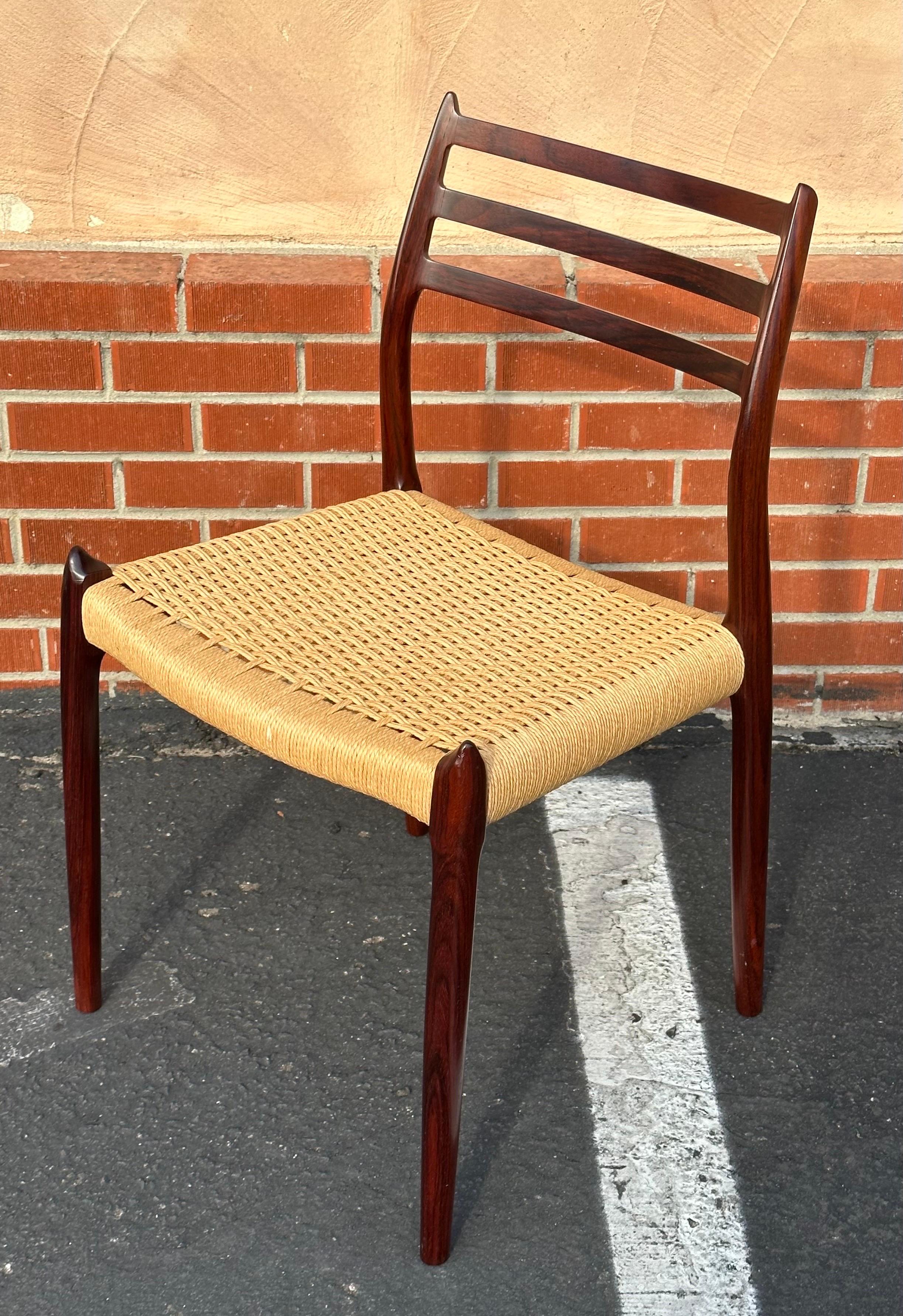 Set of Six Danish Modern Rosewood and Papercord Dining Chairs by Niels Moller For Sale 4